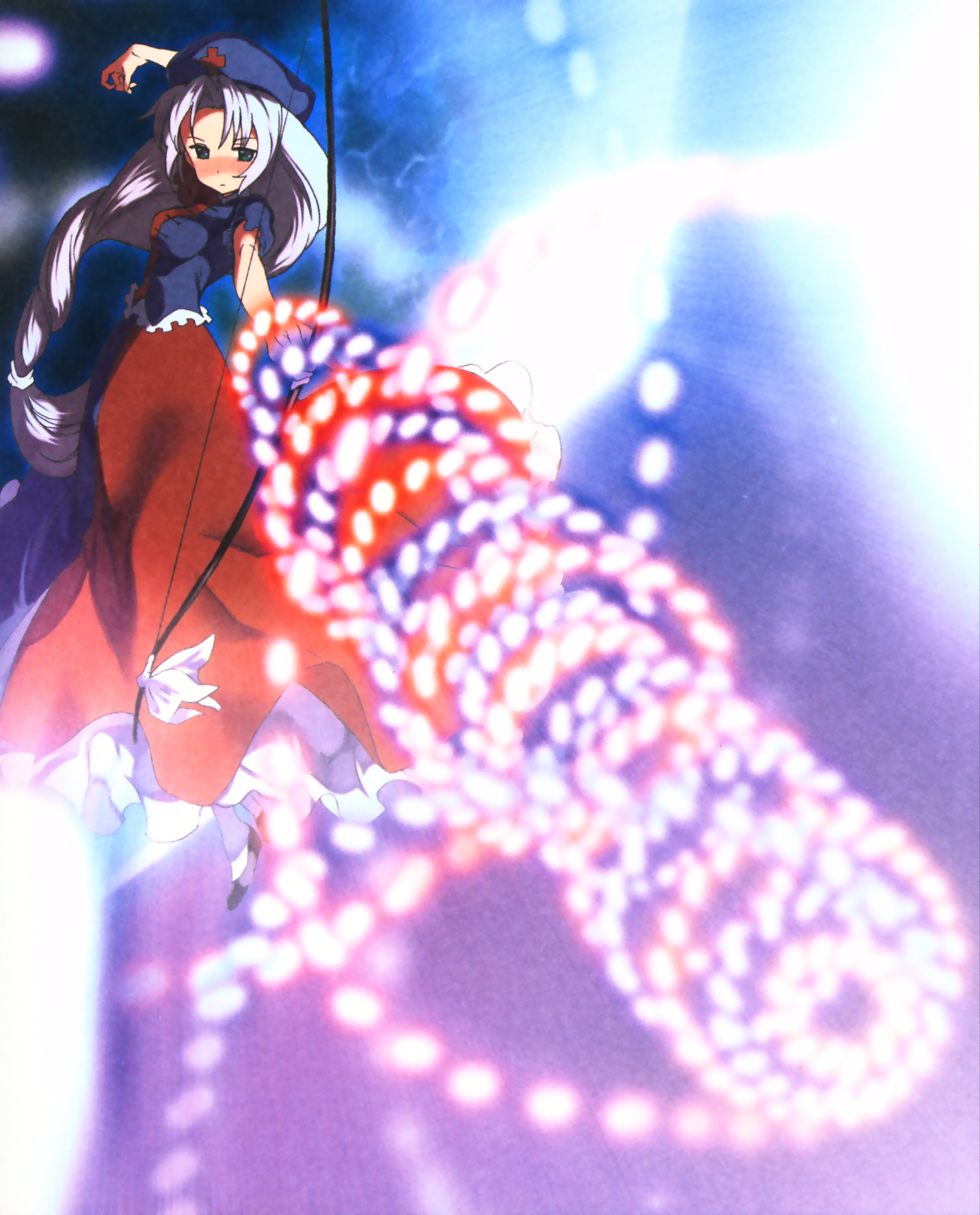 moriki takeshi, yagokoro eirin, touhou, silver hair, absurdres, highres, scan, 1girl, blue eyes, bow (weapon), braid, danmaku, female focus, hat, long hair, solo, standing, weapon