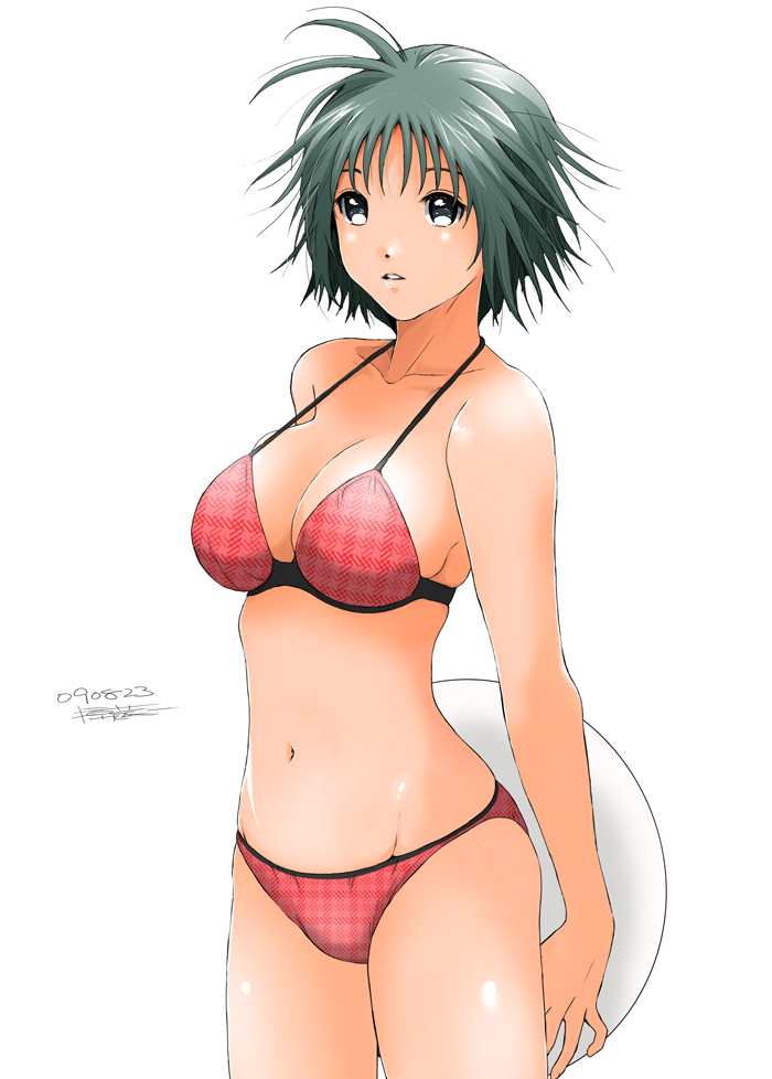 ryouzou, original, 1girl, arms behind back, ball, bare shoulders, bikini, breasts, cleavage, female focus, green eyes, green hair, matching hair/eyes, navel, red bikini, shiny skin, short hair, signature, simple background, solo, swimsuit