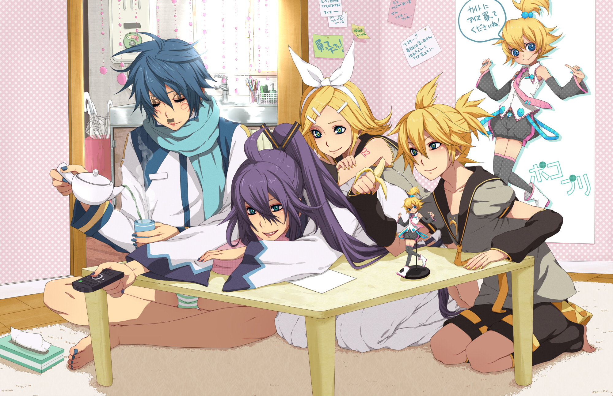 nayu, kagamine len, kagamine rin, kaito (vocaloid), kamui gakupo, vocaloid, bad id, bad pixiv id, highres, translation request, 1girl, 3boys, banana, blonde hair, blue eyes, blue hair, body writing, controller, detached sleeves, food, fruit, hair ornament, hair ribbon, hairclip, multiple boys, necktie, panties, pantyshot, ponytail, purple hair, remote control, ribbon, seiza, sitting, slice of life, striped clothes, striped panties, underwear