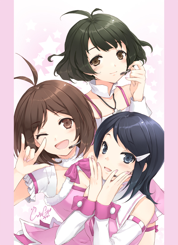cuteg, akizuki ryo, hidaka ai, mizutani eri, idolmaster, idolmaster dearly stars, bad id, bad pixiv id, 00s, 3girls, blue eyes, blue hair, blush, brown eyes, brown hair, crossdressing, crossdressing (ftm), cute & girly (idolmaster), detached sleeves, jewelry, microphone, multiple girls, nail polish, necklace, one eye closed, trap, wink