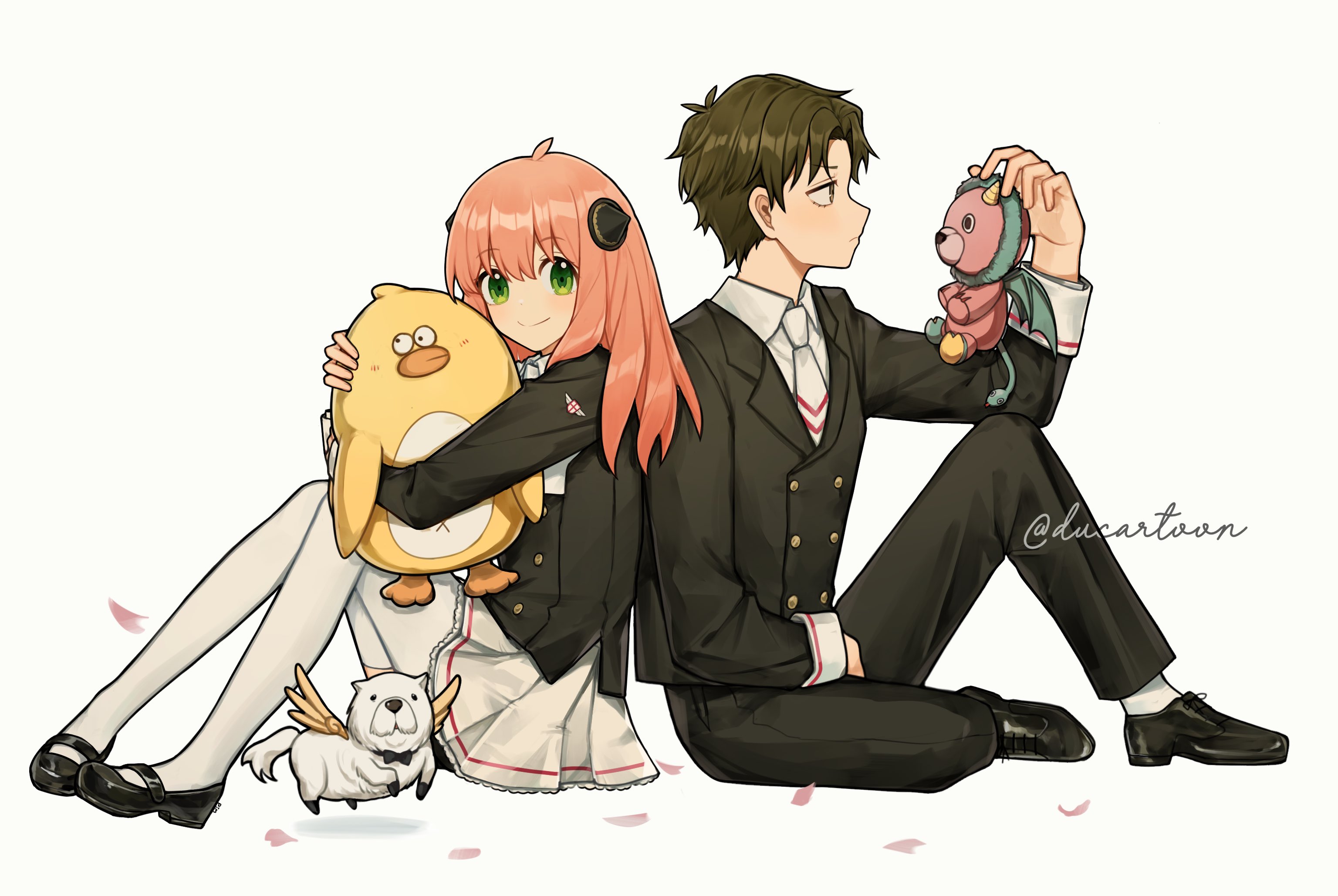 ducartoon, anya (spy x family), bond (spy x family), damian desmond, director chimera (spy x family), cardcaptor sakura, spy x family, highres, 1boy, 1girl, aged up, black hair, black jacket, black pants, black shirt, black shoes, closed mouth, green eyes, hairpods, jacket, long hair, long sleeves, necktie, pants, pink hair, school uniform, shirt, shoes, skirt, smile, stuffed animal, stuffed duck, stuffed toy, thighhighs, tomoeda elementary school uniform, white background, white necktie, white skirt, white thighhighs, yellow eyes
