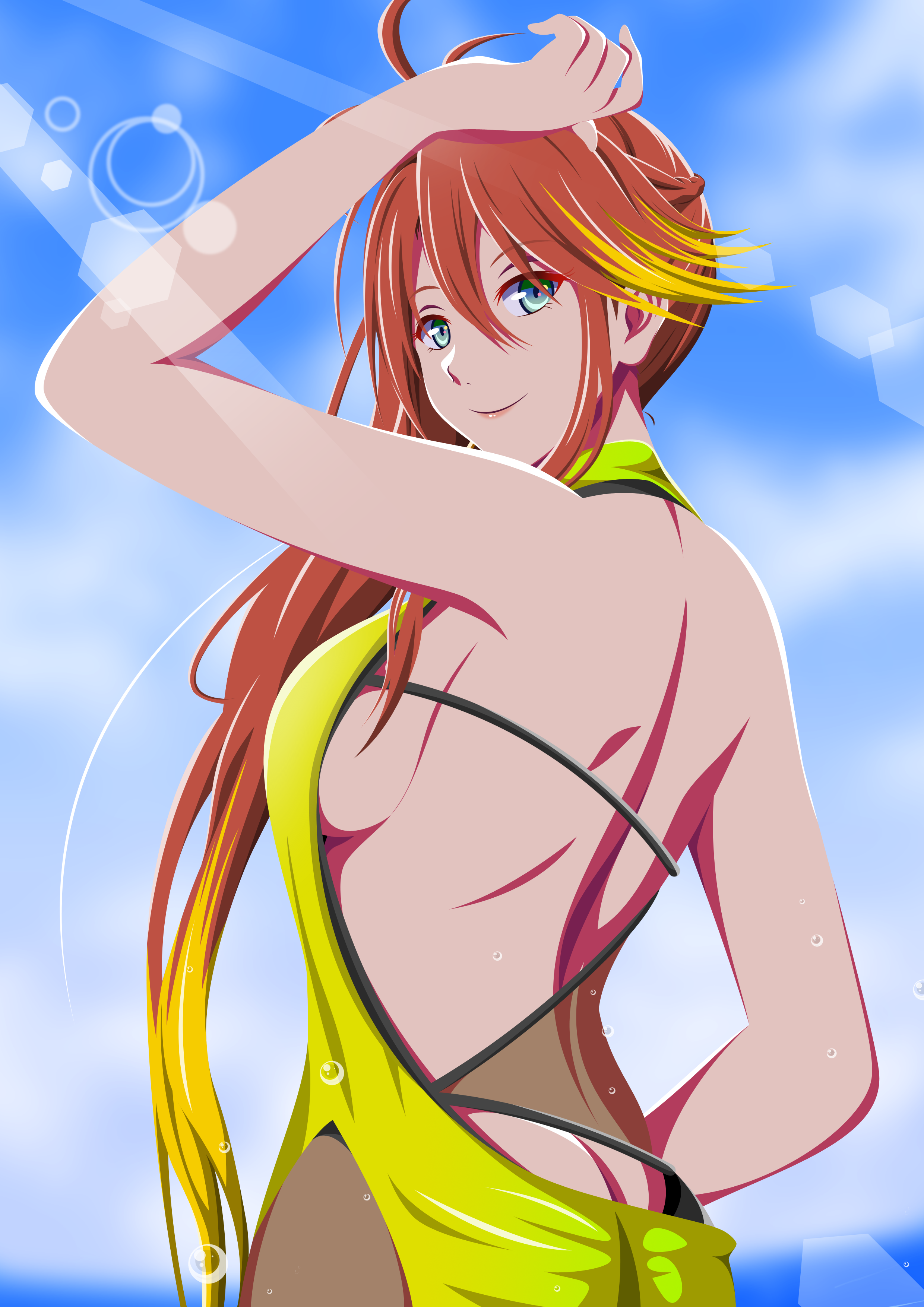 tennen ahoke, judith lanster, eiyuu densetsu, kuro no kiseki (series), absurdres, highres, 1girl, back, blue eyes, blue sky, breasts, butt crack, double-parted bangs, light smile, long hair, looking at viewer, one-piece swimsuit, orange hair, ponytail, sideboob, simple background, sky, sunlight, swimsuit, yellow one-piece swimsuit