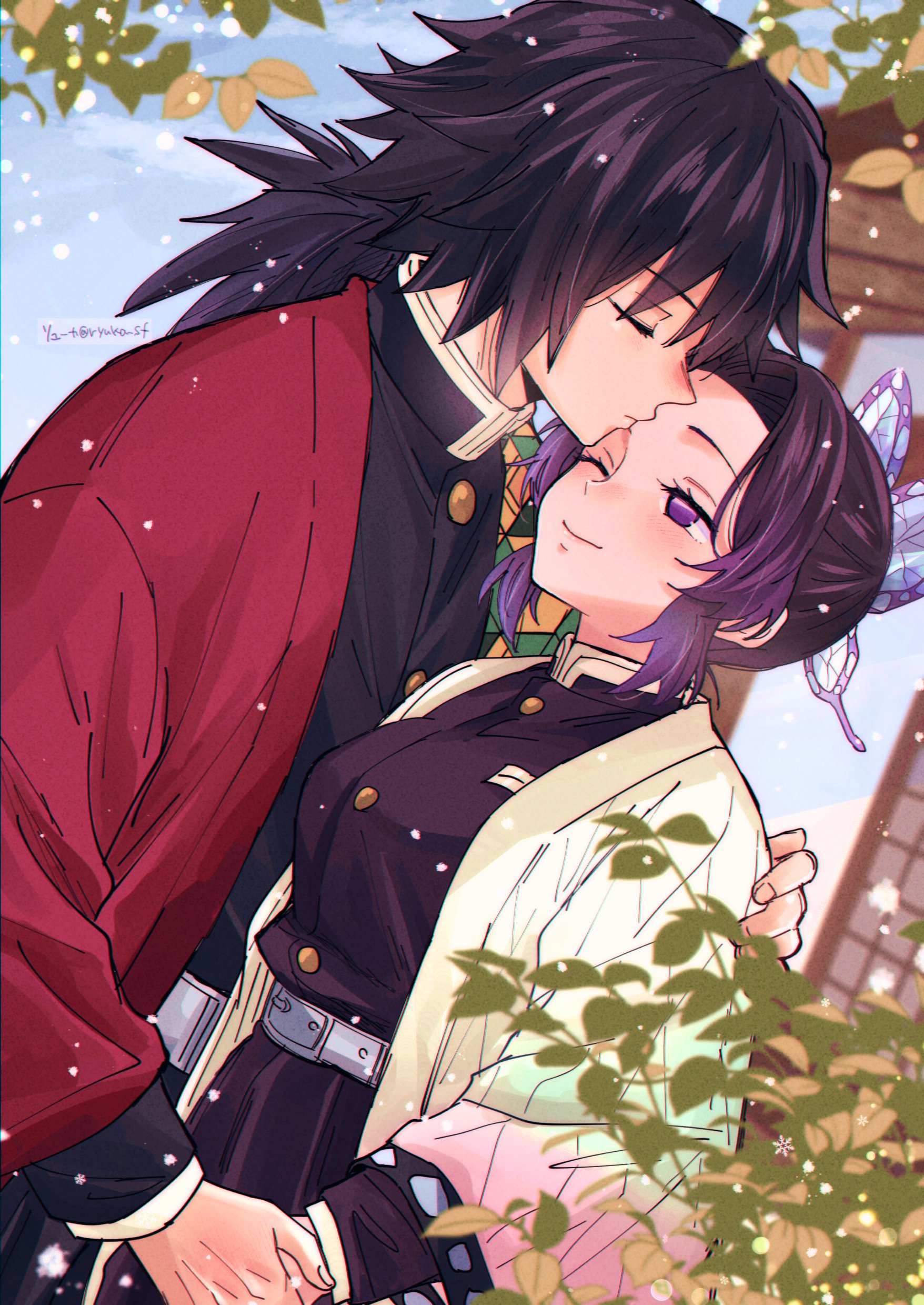 chiroru shimai, kochou shinobu, tomioka giyuu, kimetsu no yaiba, absurdres, highres, 1boy, 1girl, artist name, belt, black hair, blush, breasts, butterfly hair ornament, demon slayer uniform, grey belt, hair ornament, haori, holding hands, japanese clothes, kiss, kissing forehead, long hair, long sleeves, multicolored hair, one eye closed, purple eyes, purple hair, short hair, smile