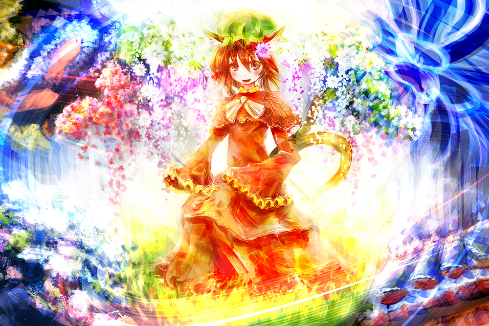 same 2009, chen, touhou, 1girl, animal ears, brown hair, cat ears, cat girl, cat tail, female focus, flower, hair flower, hair ornament, hat, multiple tails, plant, short hair, solo, tail