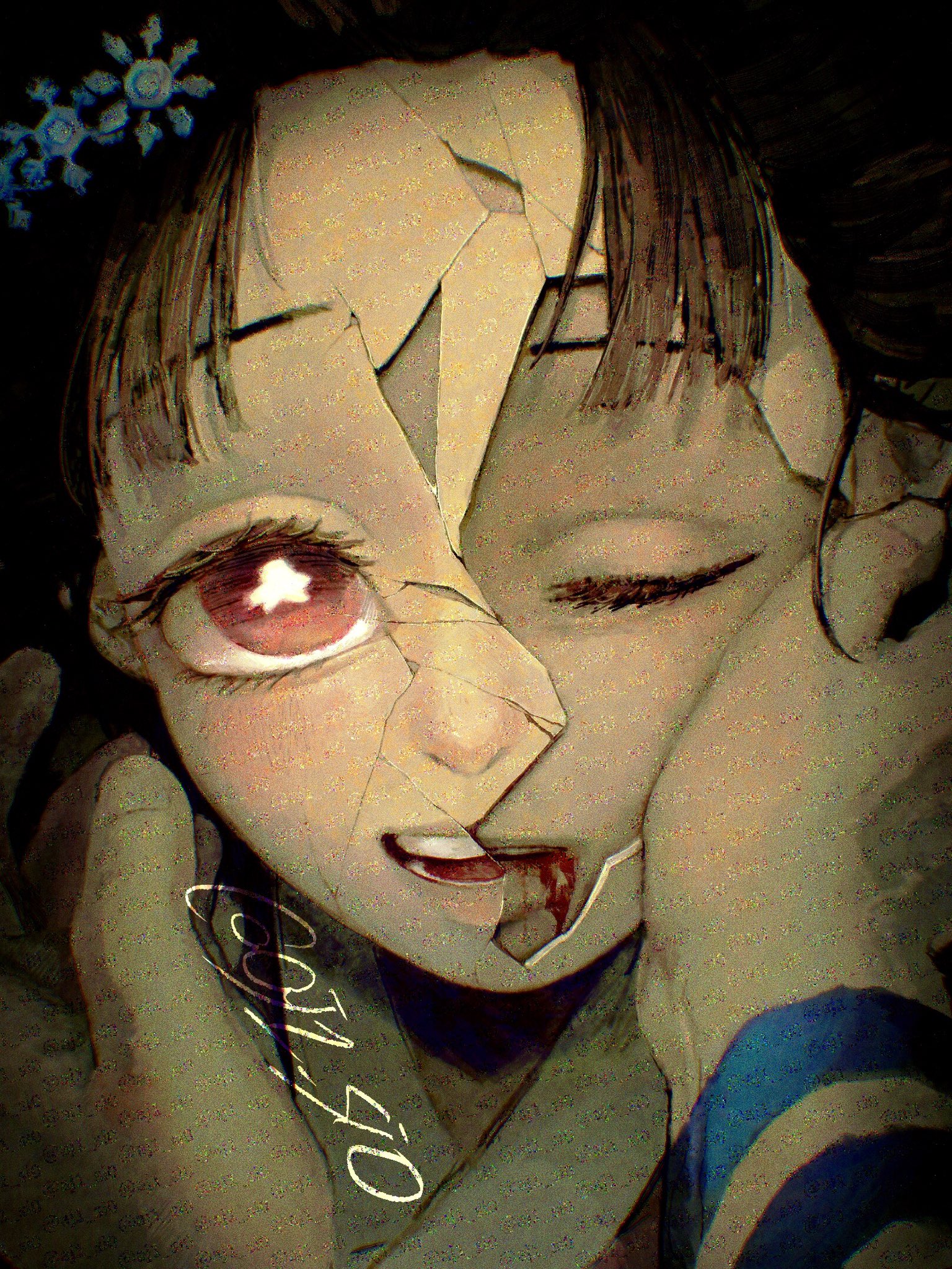 akaza (kimetsu no yaiba), koyuki (kimetsu no yaiba), kimetsu no yaiba, highres, 1boy, 1girl, aj1 si0, arm tattoo, artist name, blood, blood from mouth, brown hair, cracked kawaii mask, hair ornament, parted bangs, pink eyes, portrait, short hair, snowflake hair ornament, tattoo, teeth