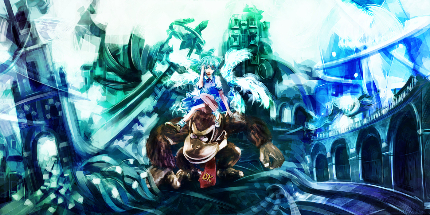 same (pixiv), same 2009, cirno, donkey kong, donkey kong (series), nintendo, touhou, fur, white legwear, md5 mismatch, revision, 1girl, :d, animal, arch, blue dress, character name, crossover, dress, full body, gorilla, looking at viewer, mary janes, necktie, open mouth, pillar, puffy short sleeves, puffy sleeves, red necktie, shoes, short sleeves, sitting, smile, socks, wings