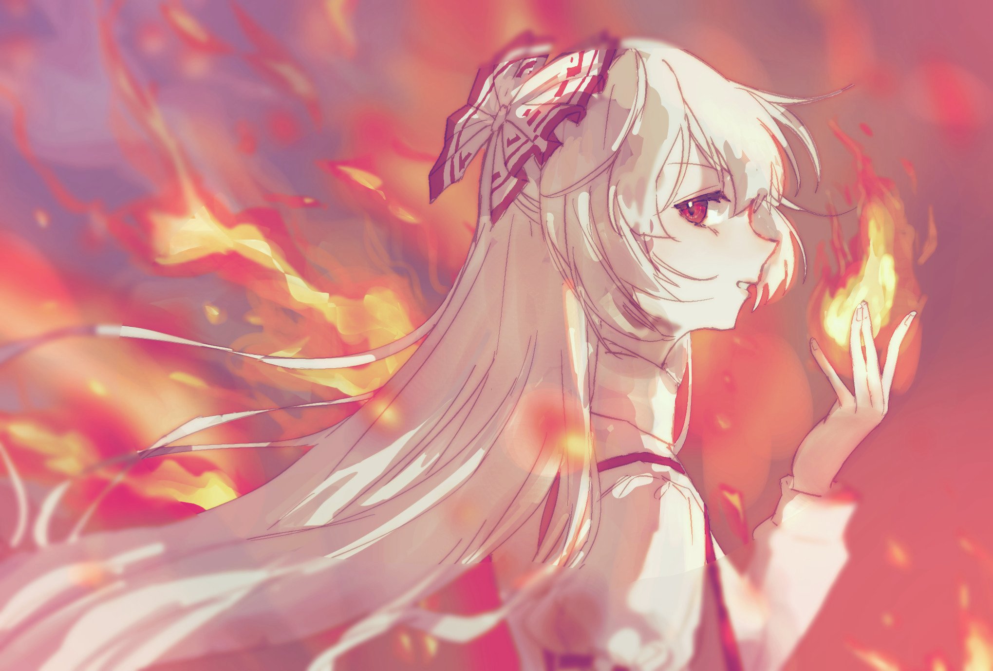 navybluesparrow, fujiwara no mokou, touhou, highres, 1girl, blurry, bow, fire, hair bow, long hair, long sleeves, looking at viewer, ofuda, ofuda on clothes, red eyes, ribbon, shirt, solo, suspenders, very long hair, white bow, white hair, white shirt