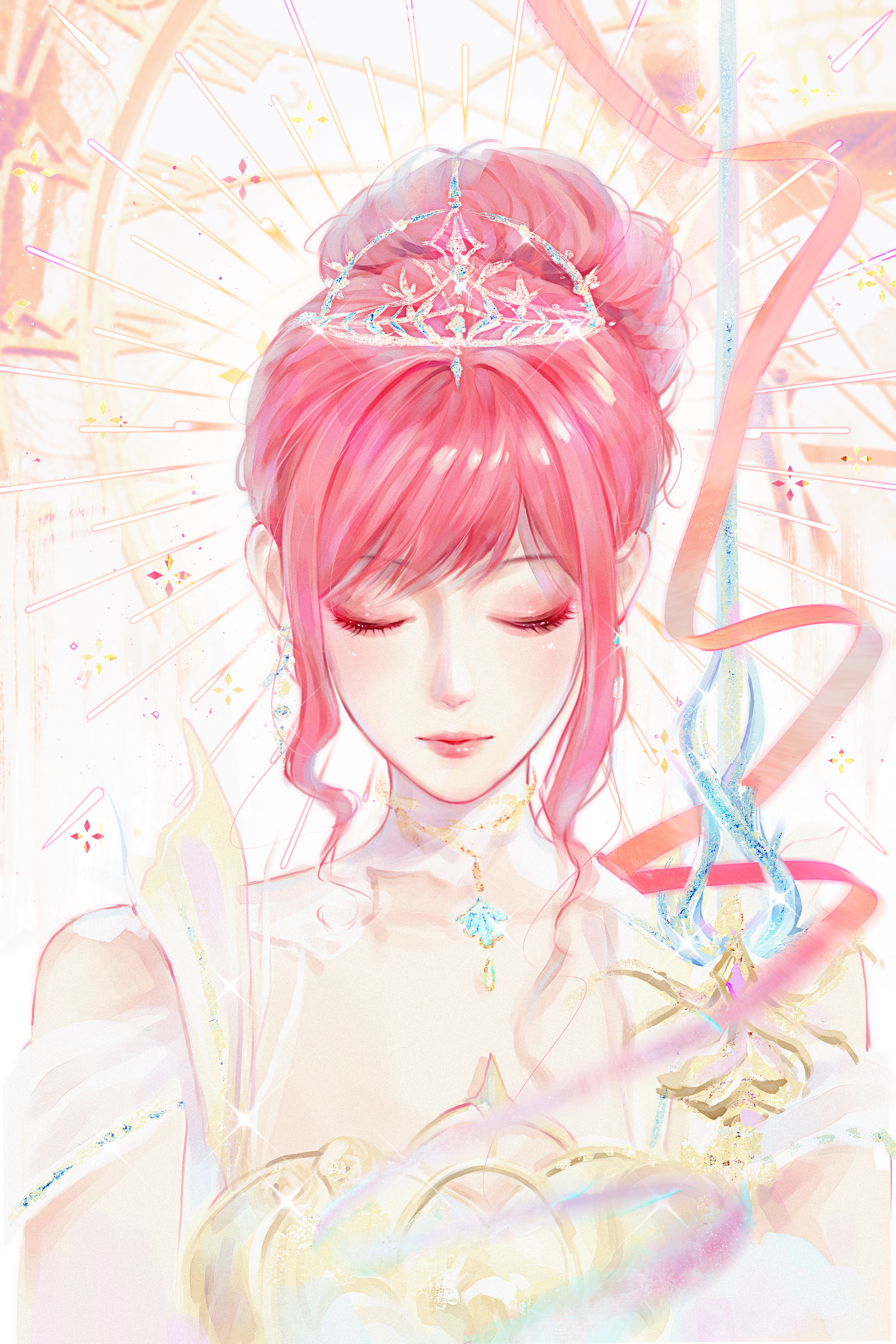 nikki (nikki), infinity nikki, nikki (series), absurdres, chinese commentary, commentary request, highres, 1girl, armor, bare shoulders, breastplate, closed eyes, closed mouth, clothing cutout, collar, detached collar, dress, expressionless, eyelashes, eyeshadow, hair bun, hair intakes, halo, halo behind head, high collar, holding, holding sword, holding weapon, lace collar, light blush, lipstick, makeup, melody bloom (infinity nikki), nostrils, pink eyeshadow, pink hair, pink lips, pink ribbon, rapier, realistic, ribbon, short hair with long locks, shoulder cutout, sidelocks, single hair bun, solo, sparkle, spiked halo, sword, tiara, updo, upper body, wavy hair, weapon, white background, white bairen, white collar, white dress