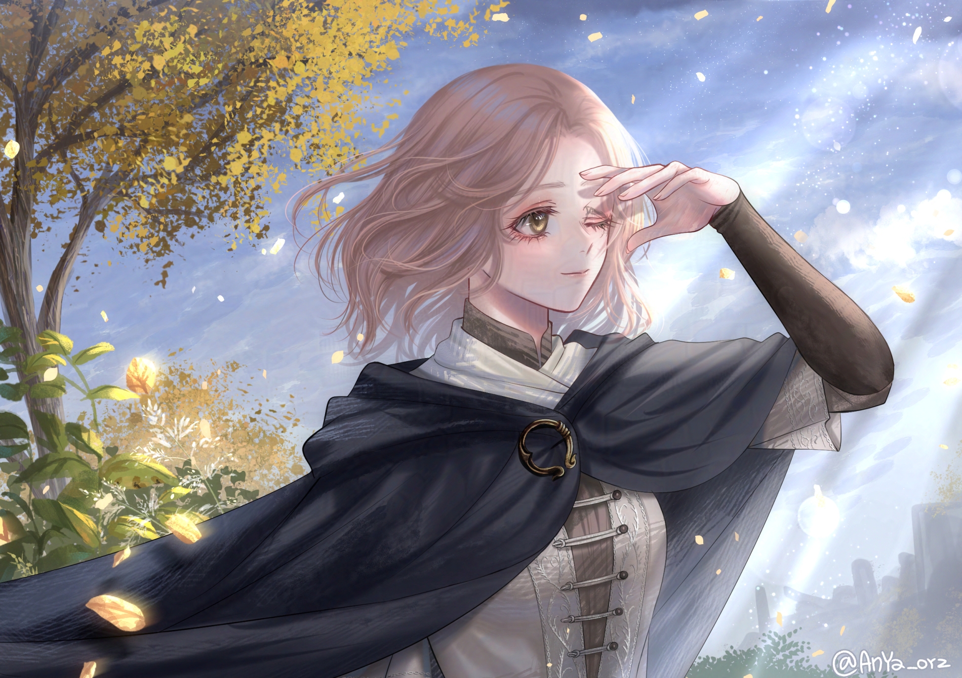 anya orz, melina (elden ring), elden ring, commentary, english commentary, highres, 1girl, artist name, autumn leaves, black cloak, blue sky, brown hair, cloak, closed mouth, eyelashes, falling leaves, floating hair, leaf, looking ahead, one eye closed, outdoors, sky, smile, solo, standing, tree, twitter username, wavy hair, yellow eyes