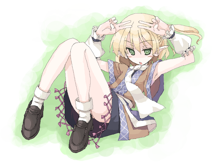 mochiki, mizuhashi parsee, touhou, 1girl, blonde hair, blush, female focus, full body, gradient background, green eyes, oekaki, pointy ears, scarf, skirt, solo