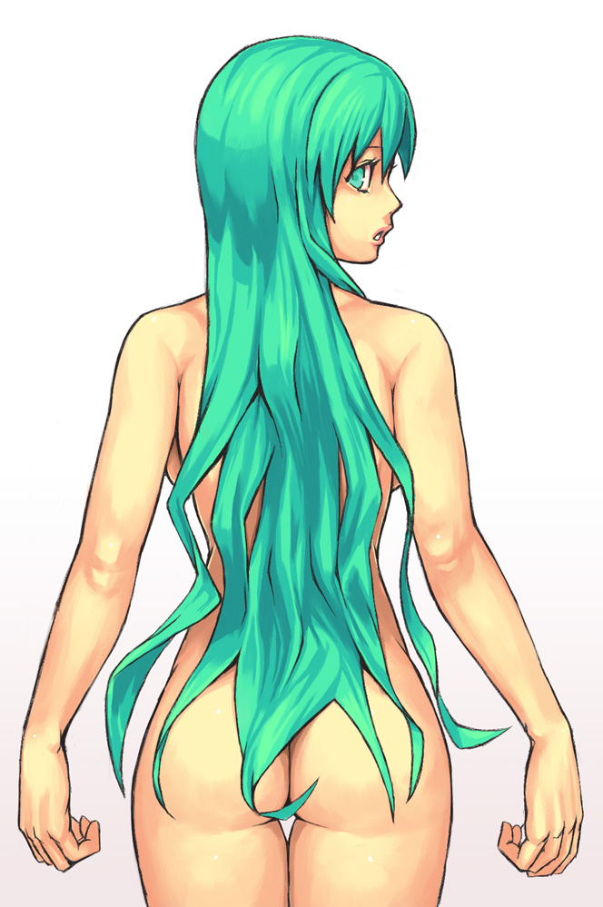 yuuji (and), hatsune miku, vocaloid, bad id, bad pixiv id, 1girl, alternate hairstyle, ass, backboob, breasts, censored, convenient censoring, female focus, from behind, green eyes, green hair, hair censor, hair down, long hair, looking back, matching hair/eyes, nude, solo, thigh gap, very long hair