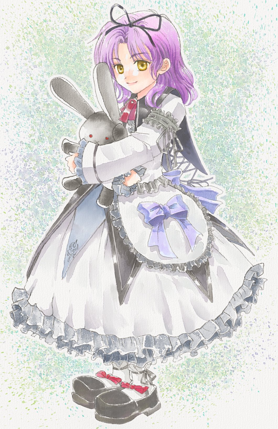 koyagistock, renne (eiyuu densetsu), eiyuu densetsu, sora no kiseki, commentary request, highres, 1girl, black ribbon, black shoes, blue bow, bow, closed mouth, curtained hair, dress, full body, hair ribbon, holding, holding stuffed toy, looking at viewer, medium hair, purple hair, ribbon, shoes, smile, solo, standing, stuffed animal, stuffed rabbit, stuffed toy, white dress, yellow eyes
