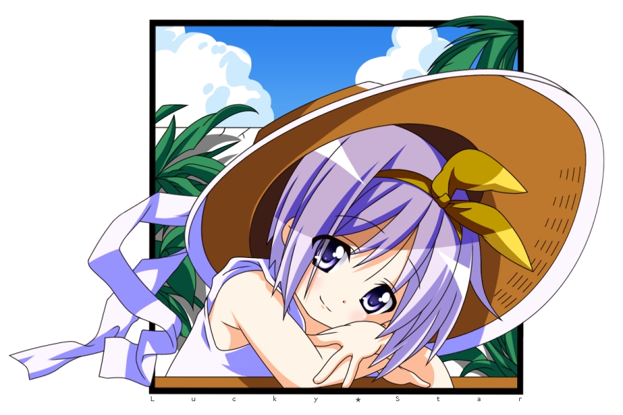rindou (awoshakushi), hiiragi tsukasa, lucky star, 00s, dress, hat, purple eyes, purple hair, short hair, solo, sundress