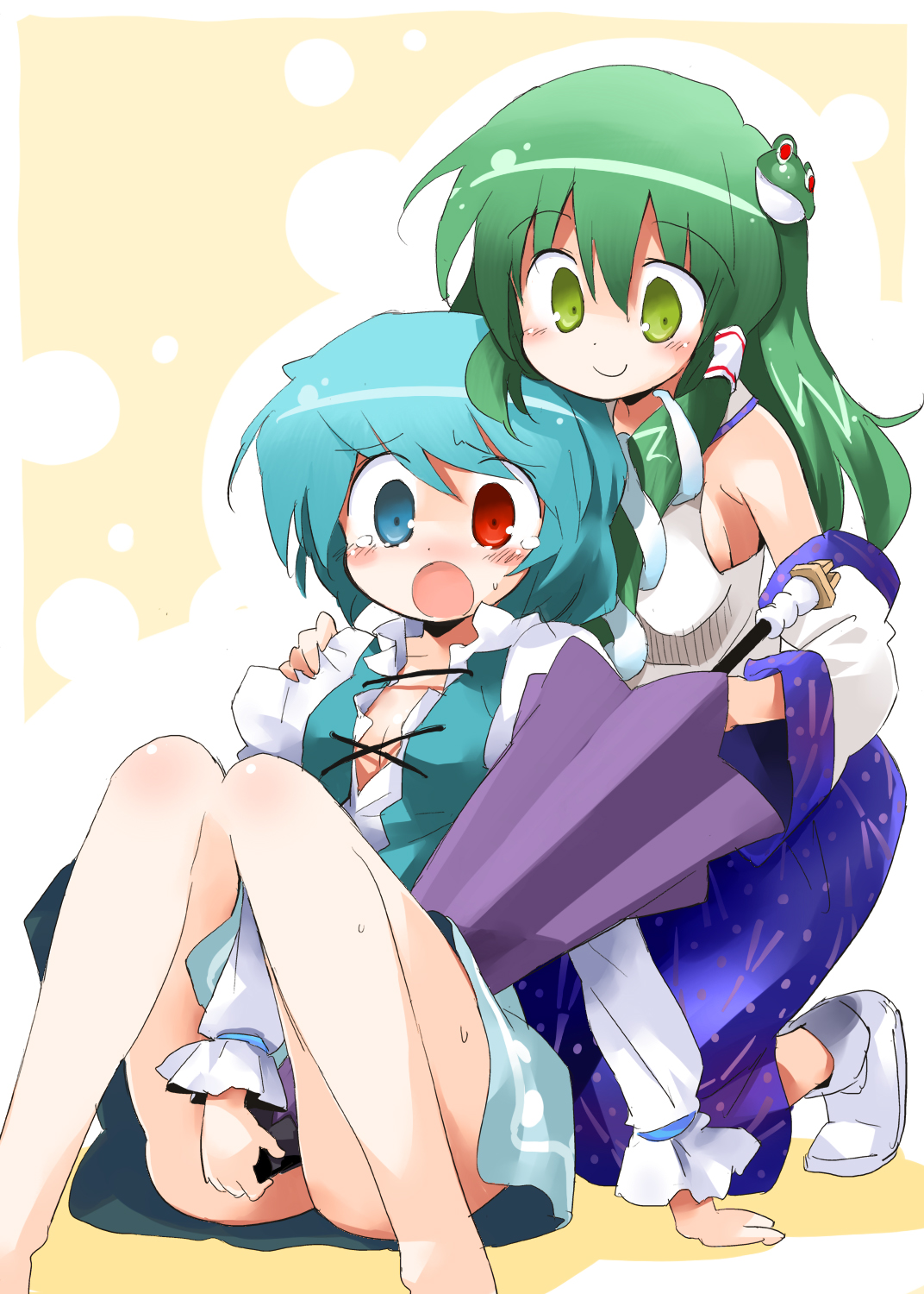 suka, kochiya sanae, tatara kogasa, touhou, highres, 2girls, blue eyes, blue hair, detached sleeves, female focus, frog, green eyes, green hair, hair ornament, heterochromia, laced up shirt, long hair, multiple girls, red eyes, short hair, snake, tears, umbrella, yuri