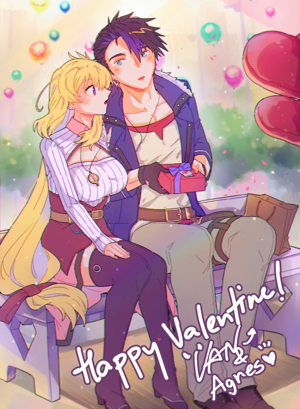 misa fullmetal, agnes claudel, van arkride, eiyuu densetsu, kai no kiseki, kuro no kiseki (series), highres, 1boy, 1girl, blonde hair, blue coat, blue eyes, blue hair, box, braid, bun with braided base, coat, gift, gift box, hair slicked back, happy valentine, heart, holding, holding gift, incoming gift, valentine