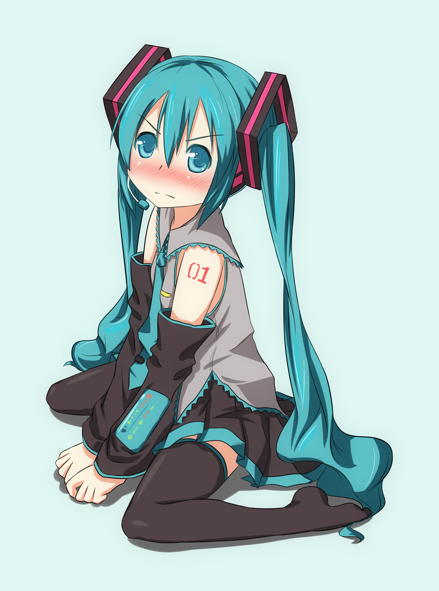 dinyc, hatsune miku, vocaloid, highres, aqua eyes, aqua hair, blush, detached sleeves, frown, hair ornament, headset, kneeling, long hair, looking up, necktie, pleated skirt, sailor collar, simple background, sitting, skirt, solo, tattoo, thighhighs, twintails, very long hair, wariza, zettai ryouiki