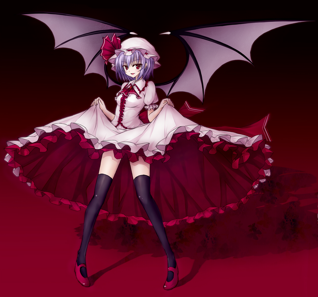 utakata (kochou no yume), remilia scarlet, touhou, 1girl, bat wings, bug, butterfly, circle skirt, clothes lift, dress, dress lift, female focus, hat, insect, legs, lifting own clothes, mary janes, pigeon-toed, purple hair, red eyes, shadow, shoes, short hair, smile, solo, thighhighs, wings