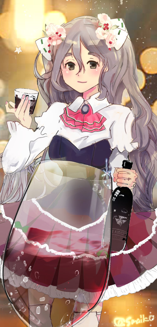 imaiko, pola (kancolle), kantai collection, 1girl, alternate hairstyle, ascot, bodice, bottle, collared shirt, cup, dress shirt, drinking glass, feet out of frame, glass, grey hair, long hair, one-hour drawing challenge, red ascot, red skirt, shirt, skirt, solo, thick eyebrowsbbrown eyes, twintails, white shirt, wine bottle, wine glass