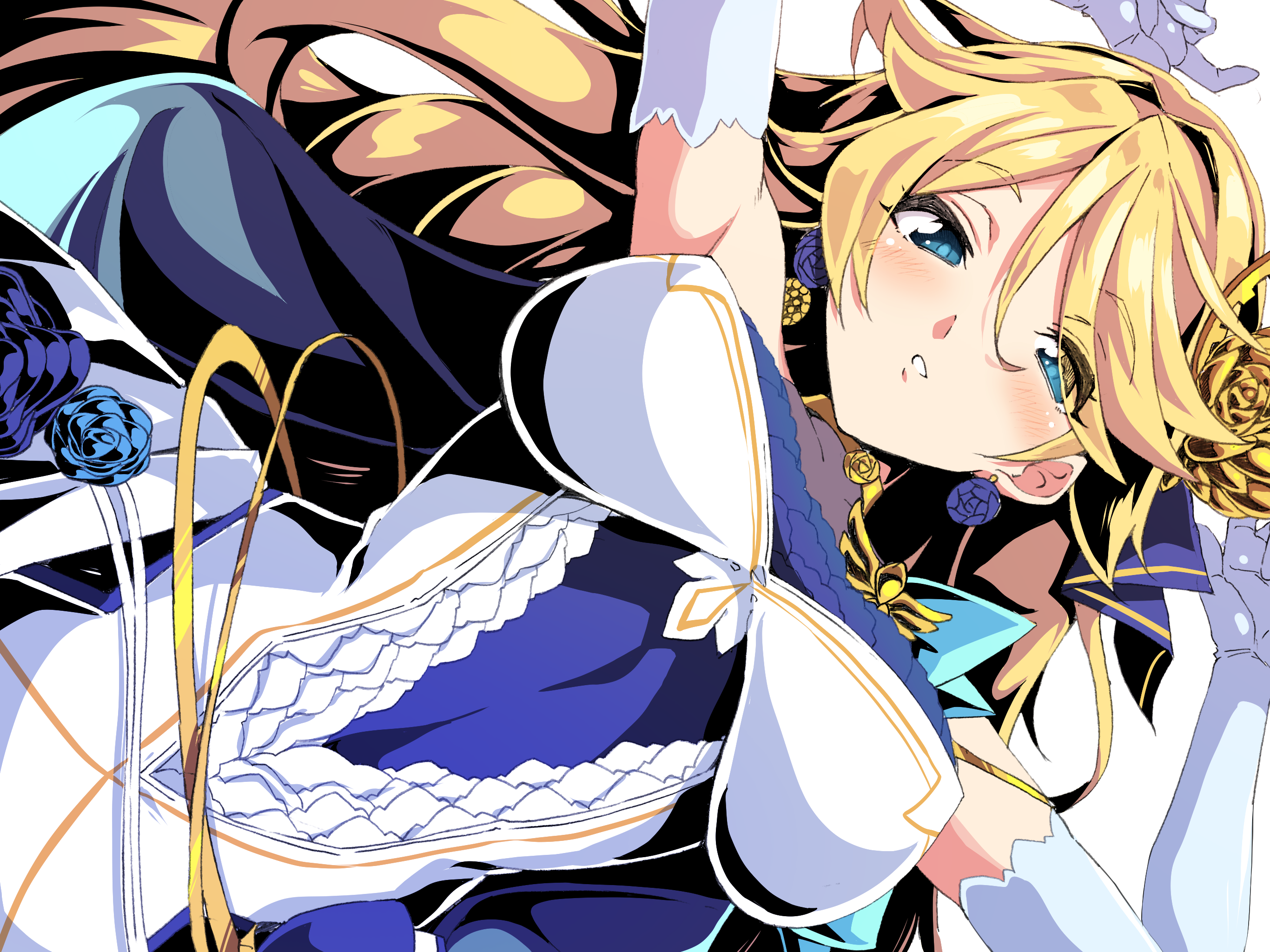 b-kyuu ocha, elena (duel masters), duel masters, duel masters play's, highres, 1girl, aqua eyes, blonde hair, blue dress, dress, earrings, elbow gloves, gloves, hair between eyes, hair ornament, jewelry, long hair, looking at viewer, lying, multicolored dress, on back, solo, white dress, white gloves