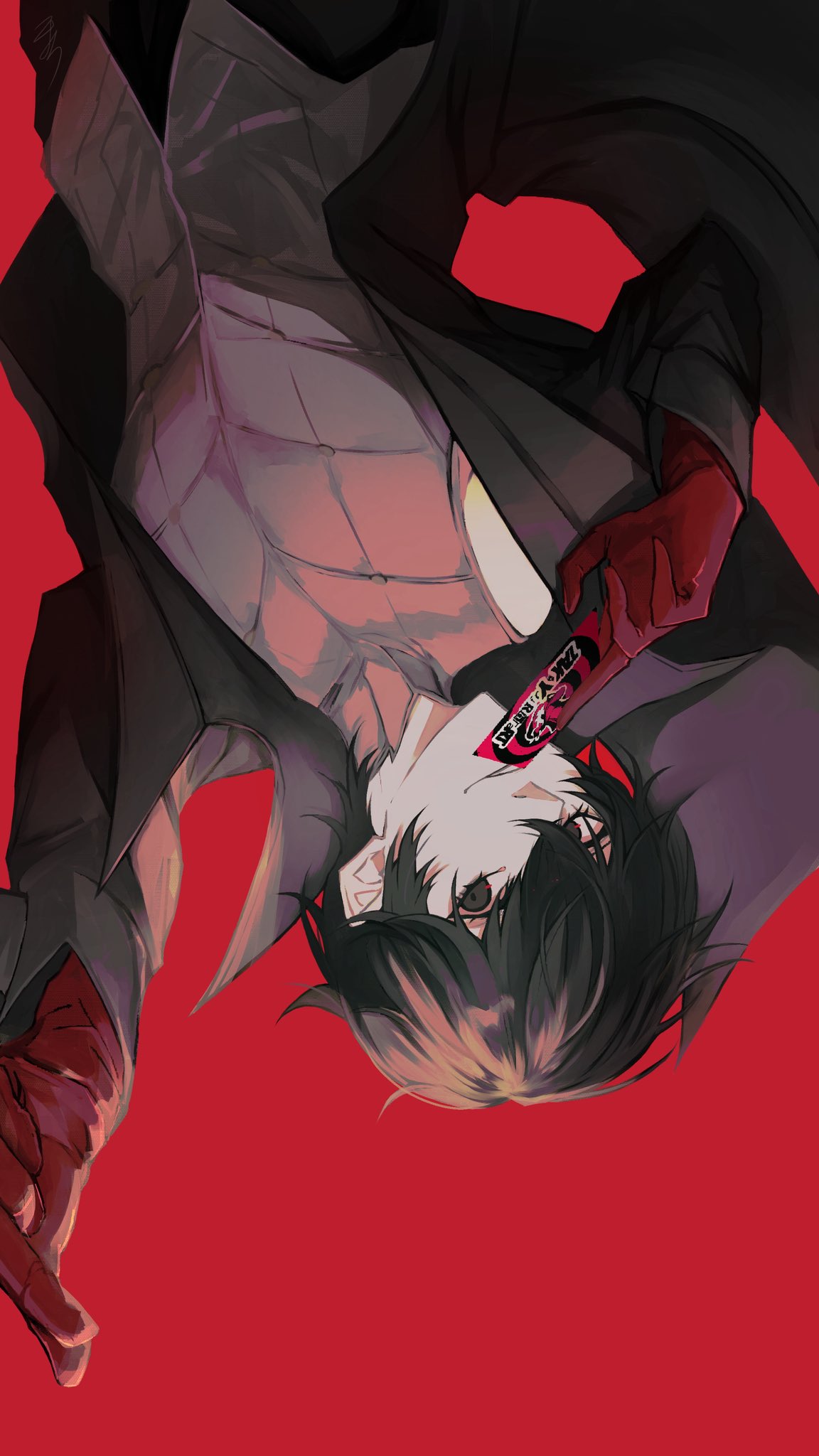 koyochi (koyochi0716), amamiya ren, joker (persona 5), persona, persona 5, commentary, highres, symbol-only commentary, 1boy, between fingers, black coat, black eyes, black hair, black pants, calling card, card, card between fingers, coat, gloves, grey vest, hair between eyes, holding, holding card, looking at viewer, male focus, outstretched arm, pants, parted lips, red background, red gloves, short hair, simple background, smile, solo, upper body, upside-down, vest