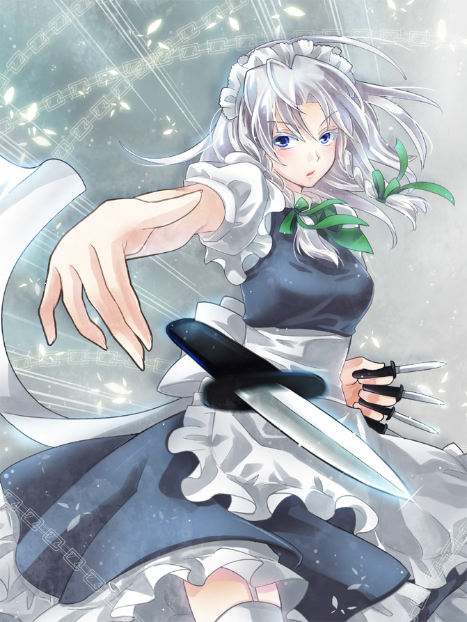 momoko (momoko14), momoko (pixiv), izayoi sakuya, touhou, silver hair, bad id, bad pixiv id, 1girl, blue eyes, braid, female focus, foreshortening, knife, lips, short hair, solo, thighhighs, throwing knife, twin braids, weapon