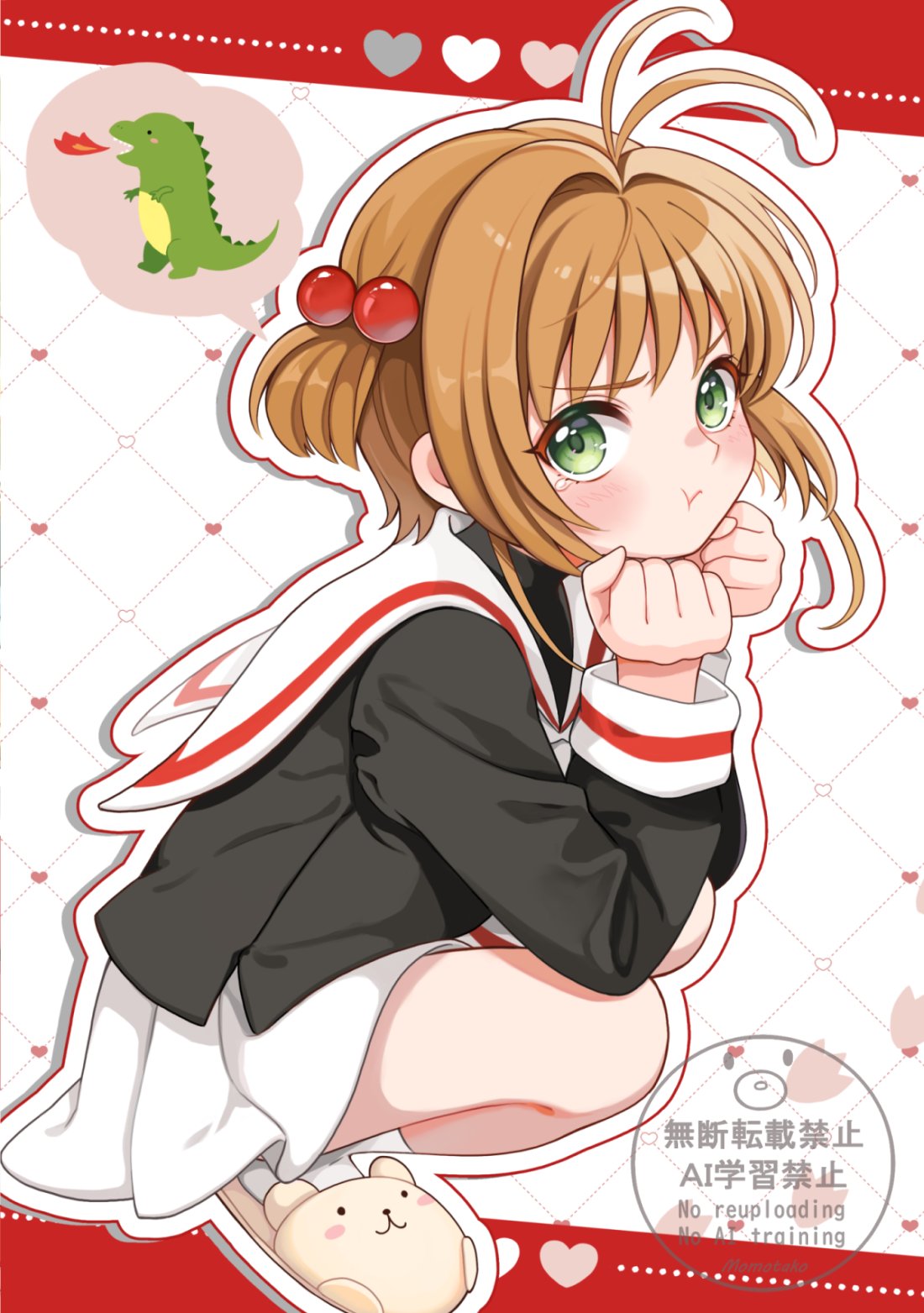 momo-tako, kinomoto sakura, cardcaptor sakura, highres, 1girl, :t, black shirt, blush, brown hair, closed mouth, green eyes, hair ornament, heart, long sleeves, medium hair, neckerchief, sandals, school uniform, shirt, simple background, skirt, solo, tomoeda elementary school uniform, white neckerchief, white skirt