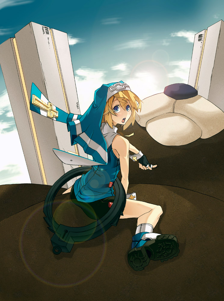 rei (pixiv 187780), zeshiki, bridget (guilty gear), roger (guilty gear), arc system works, guilty gear, guilty gear xx, 1boy, bare shoulders, black gloves, blonde hair, blue eyes, boots, cloud, cross, crossdressing, crossdressing (mtf), cuffs, fingerless gloves, gloves, handcuffs, hat, headdress, lens flare, looking back, male focus, nun, outdoors, shorts, sitting, sky, solo, stuffed animal, stuffed toy, teddy bear, trap, wrist cuffs