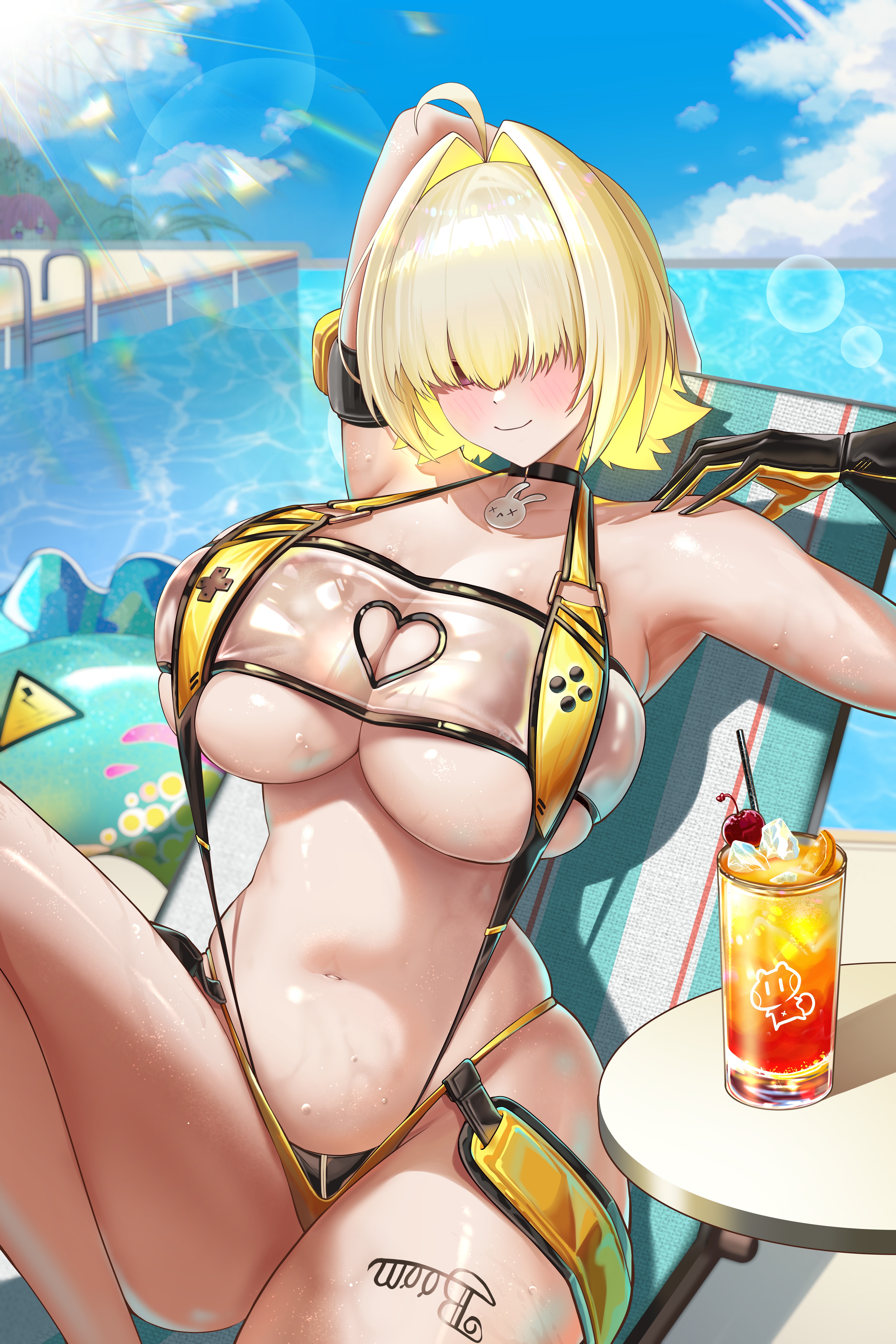 elegg (boom and shock) (nikke), elegg (nikke), goddess of victory: nikke, absurdres, commentary, highres, 1girl, ahoge, arm strap, arm up, armpits, bare shoulders, beach chair, black choker, black gloves, blonde hair, blue sky, body writing, breasts, choker, cleavage, closed mouth, clothing cutout, cloud, collarbone, commentary typo, cup, day, drink, game controller print, gloves, hair between eyes, hair intakes, hair over eyes, heart cutout, ice, ice cube, innertube, large breasts, lens flare, long bangs, looking at viewer, multicolored hair, navel, official alternate costume, outdoors, pool, pool ladder, poolside, purple eyes, rabbit choker, rabbit ornament, ram-pang, round table, see-through slingshot swimsuit, shadow, short hair, sidelocks, sitting, sky, slingshot swimsuit, smile, solo, stomach, sweat, swim ring, swimsuit, table, two-tone gloves, two-tone hair, water, yellow gloves, yellow slingshot swimsuit