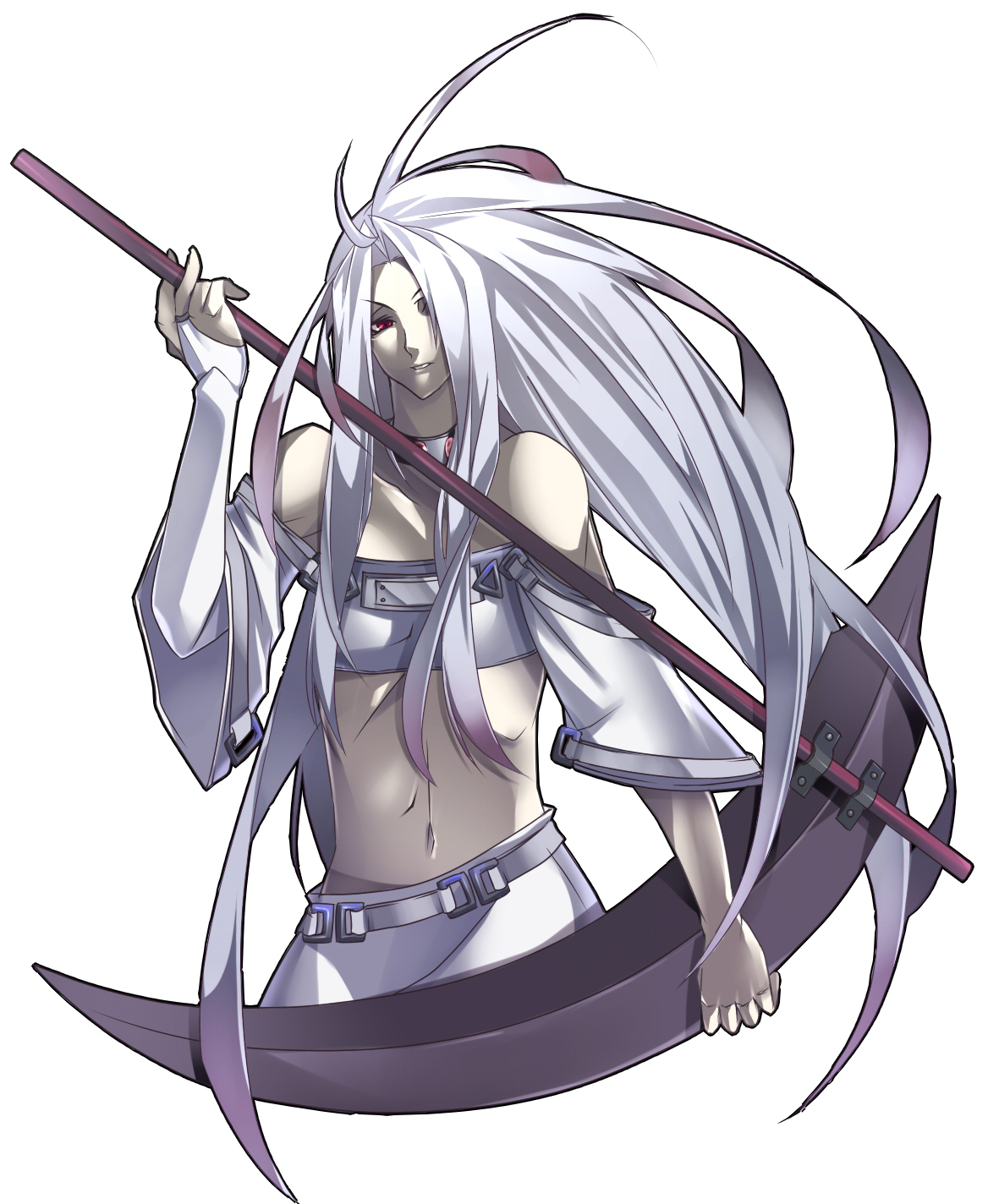 momiagenberugu, testament (guilty gear), arc system works, guilty gear, bad id, bad pixiv id, highres, 1boy, alternate color, long hair, male focus, red eyes, scythe, solo, white hair