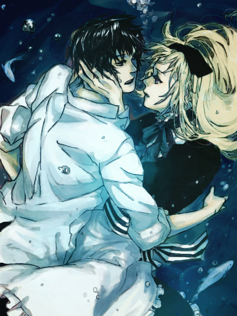 kusumori shiba, belarus (hetalia), japan (hetalia), axis powers hetalia, bad id, bad pixiv id, 00s, 1boy, 1girl, apron, black hair, blonde hair, bubble, couple, dress, eye contact, fish, hair ribbon, hetero, long hair, looking at another, ribbon, short hair, underwater, water, wet