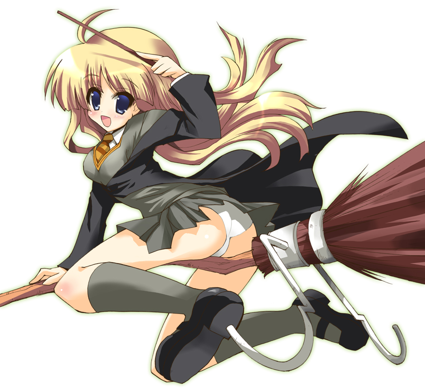 ouhashi, hermione granger, harry potter (series), wizarding world, 1girl, ahoge, alternate eye color, animification, blonde hair, blue eyes, broom, broom riding, female focus, kneehighs, long hair, looking back, necktie, open mouth, panties, pantyshot, socks, solo, underwear, wand, white panties