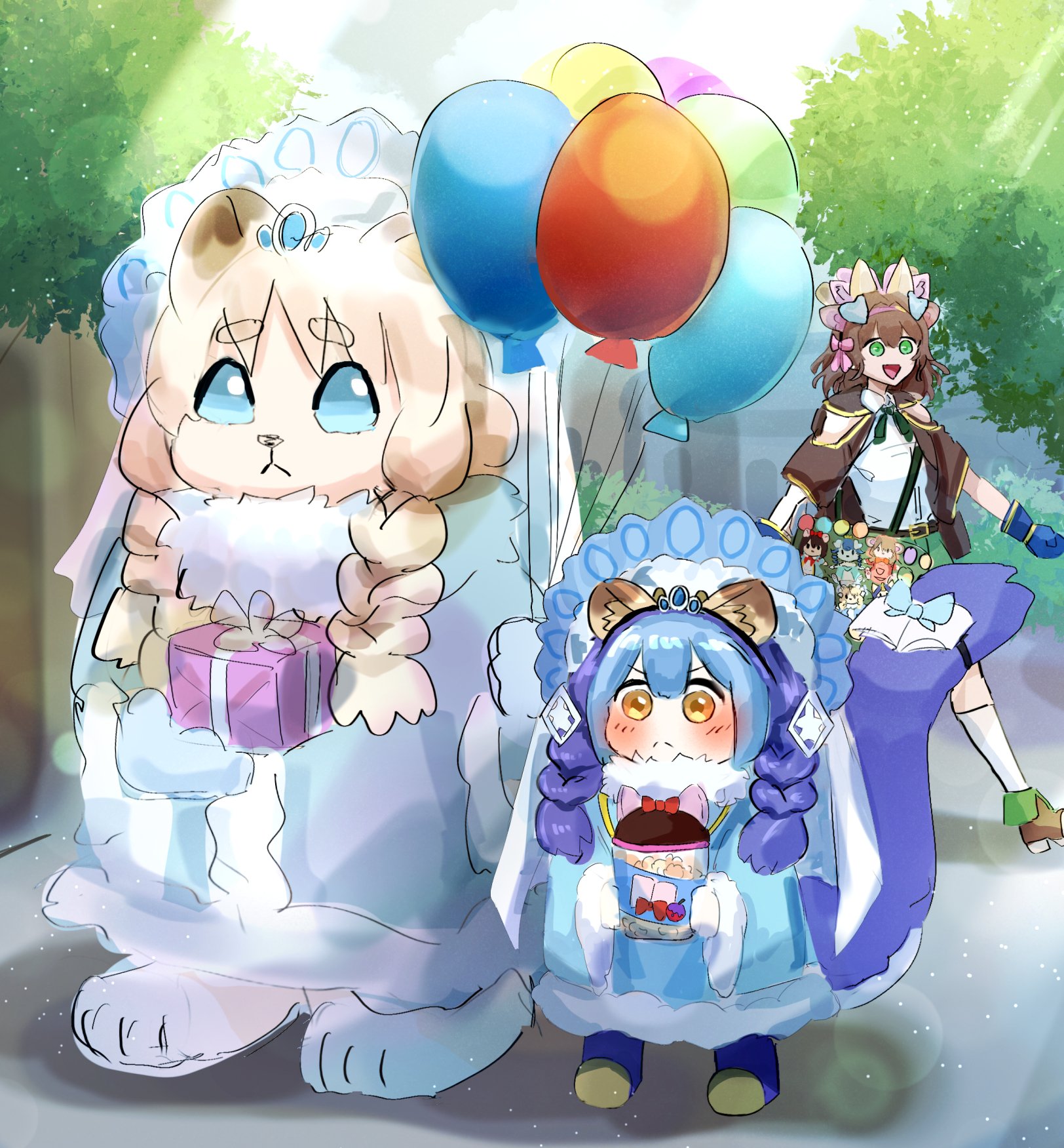 hatano kiyoshi, fairy tail rochka, laundry dragonmaid, yu-gi-oh!, highres, tagme, 3girls, alternate costume, animal ears, balloon, blue hair, blush, bow, chronicler of fairy tail tales, dress, duel monster, gift, multiple girls, short twintails, tail, twintails, walking