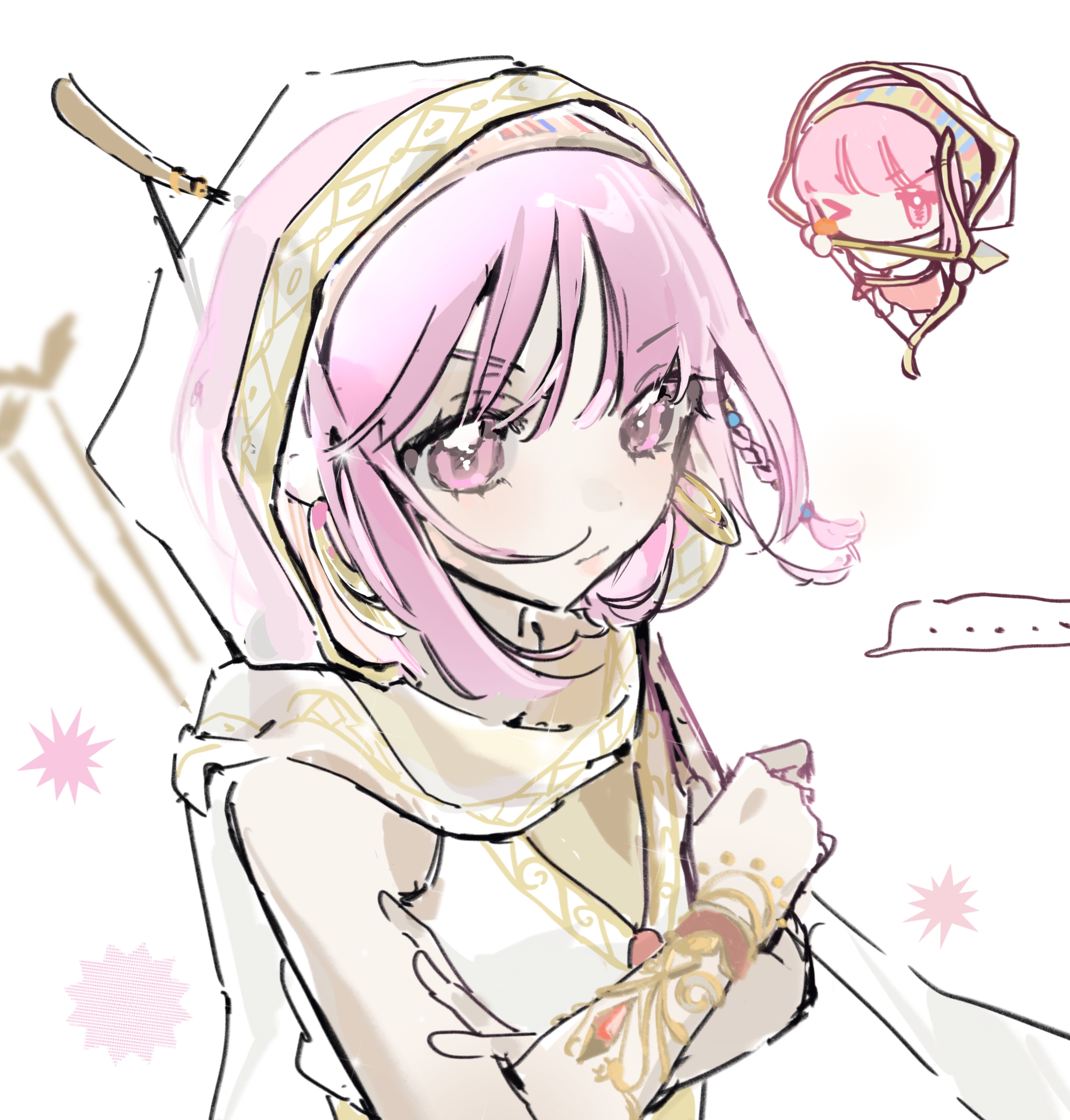 nikki (nikki), infinity nikki, nikki (series), highres, > o, …, 1girl, anthony86928, arrow (projectile), bare shoulders, beads, blunt bangs, blush stickers, bow (weapon), bracelet, braid, cloak, closed mouth, crossed arms, determined, dot nose, drawing bow, earrings, eyelashes, floating hair, frown, gold bracelet, gold earrings, hair beads, hair ornament, hairband, holding, holding arrow, holding bow (weapon), holding weapon, hood, hood up, hooded cloak, hoop earrings, jewelry, light blush, lipstick, long skirt, looking at viewer, makeup, multicolored hairband, multiple bracelets, multiple views, one eye closed, pink eyes, pink hair, pink lips, purifying wind (infinity nikki), red skirt, shirt, short hair, side braid, side slit, single blush sticker, single braid, skirt, sleeveless, sleeveless shirt, speech bubble, spoken ellipsis, weapon, weapon on back, white background, white cloak, white shirt