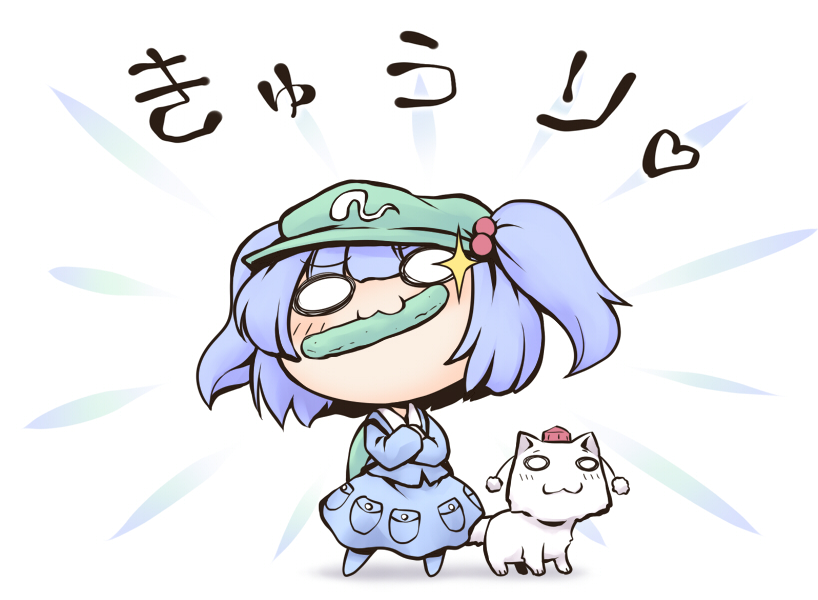 nekoguruma, inubashiri momiji, inubashiri momiji (wolf), kawashiro nitori, touhou, translated, 1girl, :3, backpack, bag, blue hair, chibi, cucumber, dog, female focus, hair bobbles, hair ornament, hat, key, mouth hold, o o, randoseru, short hair, skirt, solo, tokin hat, twintails, two side up, white background