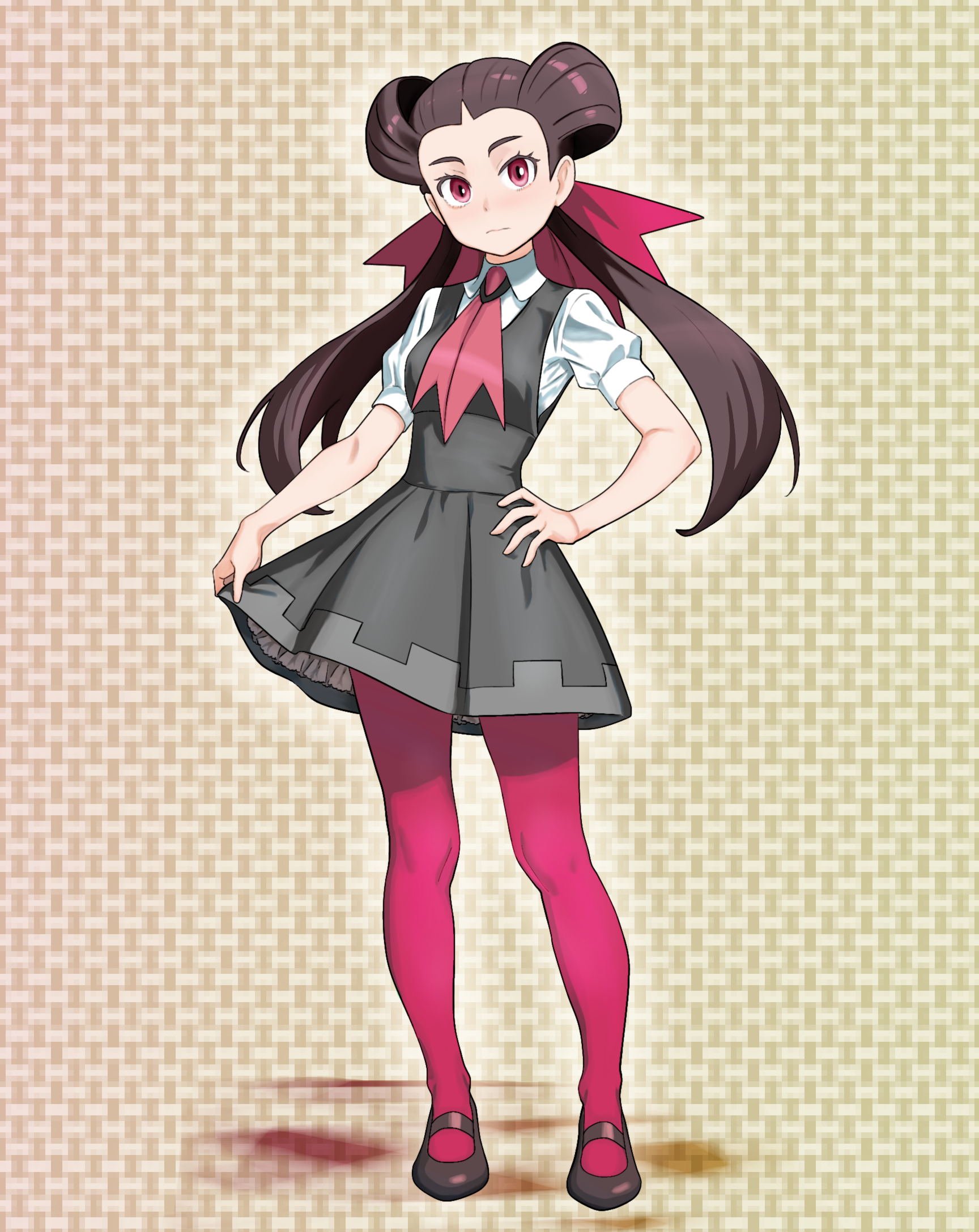 fuji musume, roxanne (pokemon), nintendo, pokemon, pokemon oras, commentary request, highres, 1girl, brown hair, closed mouth, dress, eyelashes, full body, hair ribbon, hand on own hip, knees, long hair, pantyhose, pink eyes, pink pantyhose, ribbon, shirt, shoes, short sleeves, solo, standing, twintails, white shirt