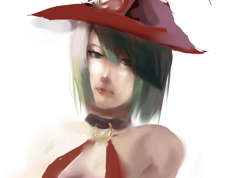 takakey, i-no, arc system works, guilty gear, 1girl, blush, closed mouth, expressionless, female focus, green eyes, hat, lips, looking at viewer, red hat, short hair, solo, upper body, white background