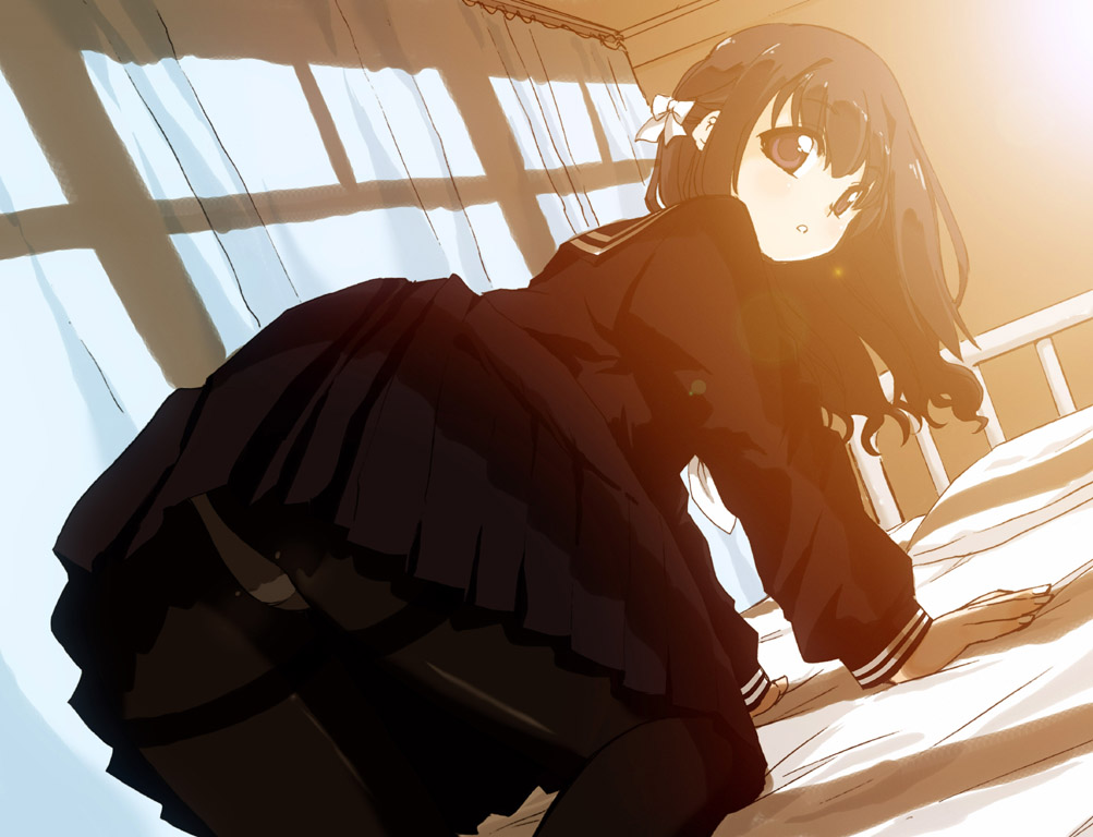 tessai, original, 1girl, all fours, ass, female focus, long hair, looking back, panties, panties under pantyhose, pantyhose, pantyshot, school uniform, skirt, solo, thighband pantyhose, underwear, upskirt