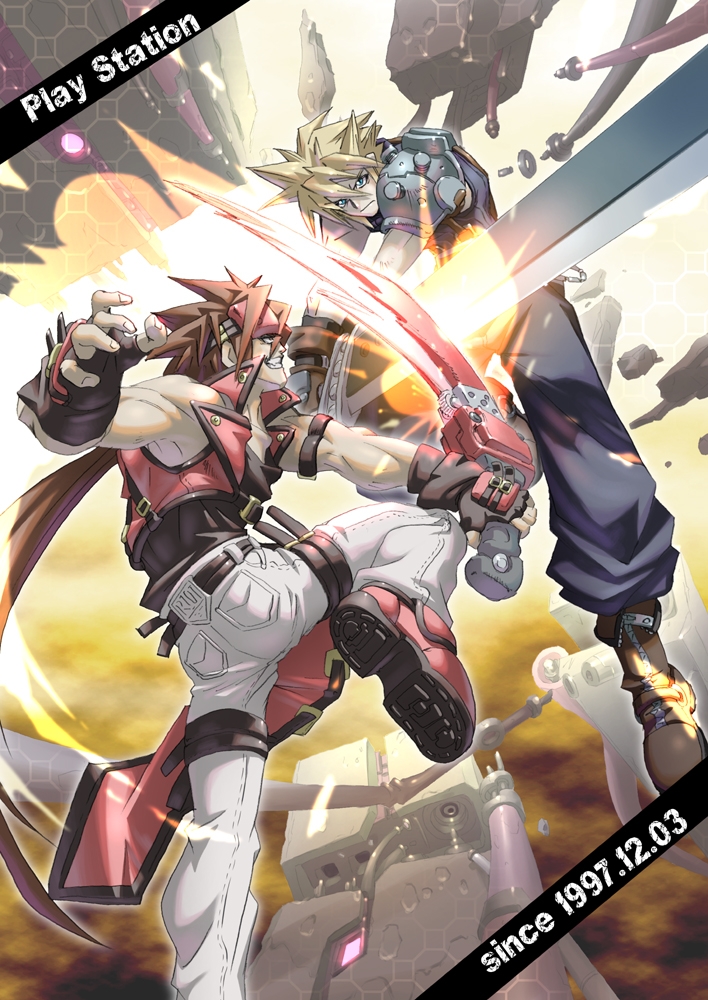 yabe makoto, cloud strife, sol badguy, arc system works, final fantasy, final fantasy vii, guilty gear, 1990s (style), 2boys, armor, battle, blonde hair, boots, brown hair, buster sword, clash, crossover, dated, epic, fighting, fingerless gloves, gloves, male focus, multiple boys, muscular, pauldrons, ponytail, retro artstyle, shoulder armor, spiked hair, sword, weapon