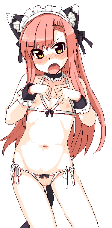 rkrk, katsura hinagiku, hayate no gotoku!, bad id, bad pixiv id, 00s, 1girl, animal ears, bikini, blush, bra, breastless clothes, brown eyes, crotchless, crotchless panties, crotchless swimsuit, cupless bra, embarrassed, female focus, flat chest, functionally nude, long hair, maid headdress, nippleless clothes, nipples, oekaki, open mouth, panties, pink hair, pussy, side-tie bikini bottom, solo, swimsuit, tail, uncensored, underwear