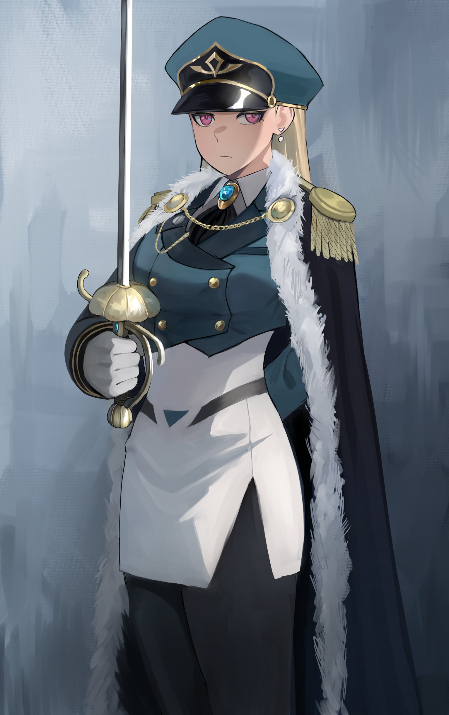 jourd4n, claire volikova, original, absurdres, clothing request, headwear request, highres, tagme, 1girl, blonde hair, blunt bangs, breasts, buttons, double-breasted, earrings, epaulettes, gloves, jewelry, long hair, long sleeves, looking at viewer, military uniform, pink eyes, solo, standing, sword, weapon, white gloves