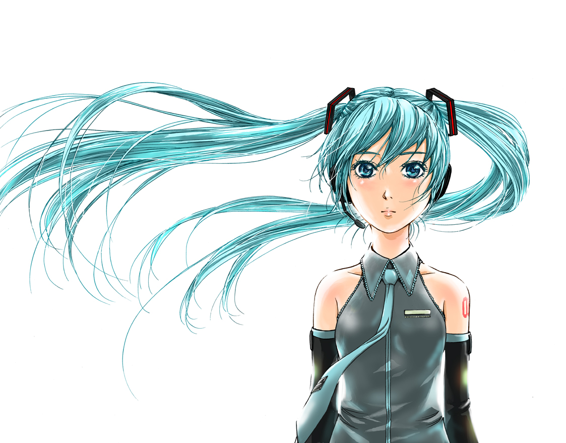irojiro yoshimi, shikishiro konomi, hatsune miku, vocaloid, 1girl, aqua eyes, aqua hair, blush, female focus, flat chest, headset, long hair, necktie, solo, twintails