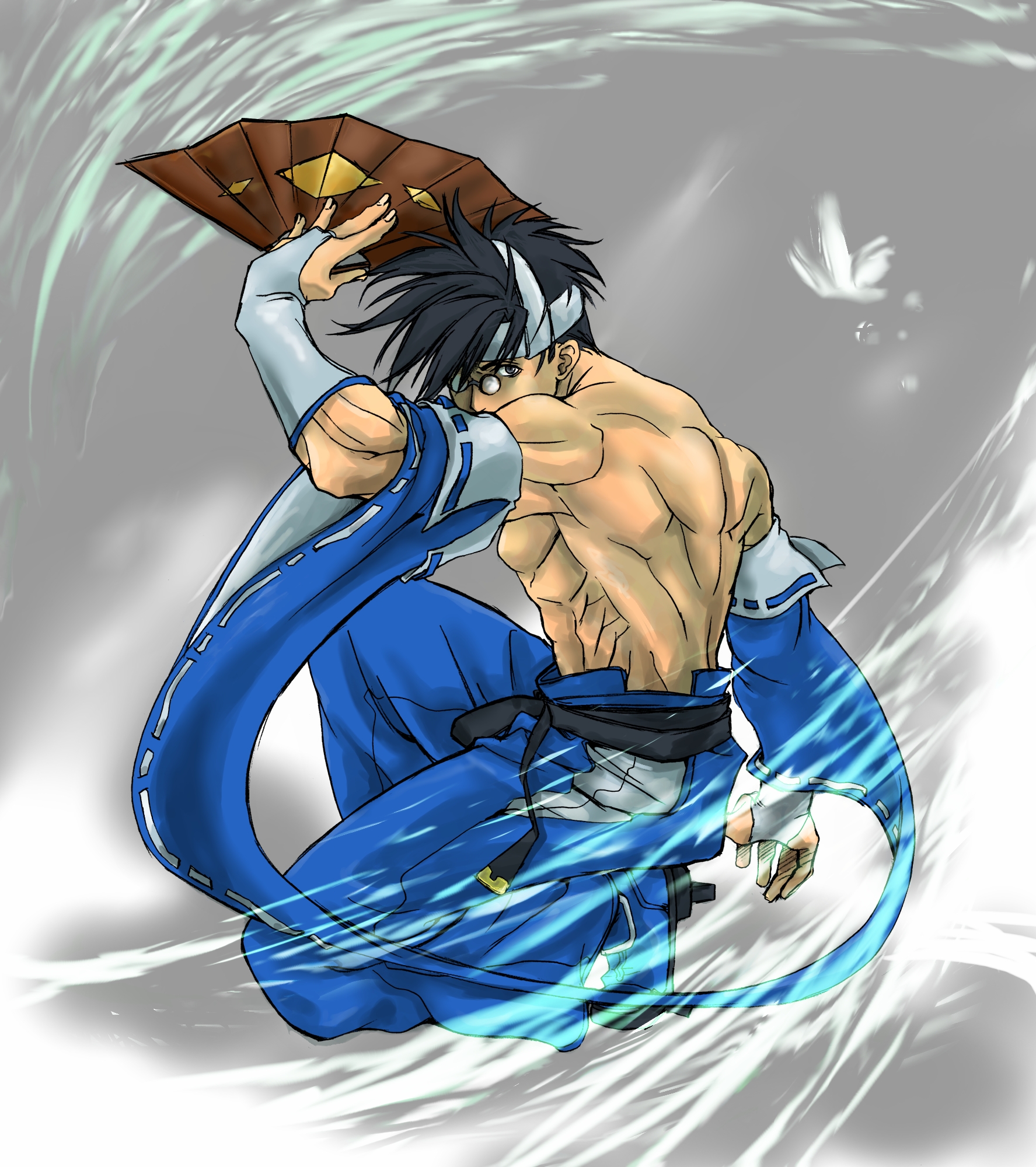 mito anji, arc system works, guilty gear, highres, 1boy, glasses, hand fan, male focus, solo, topless male