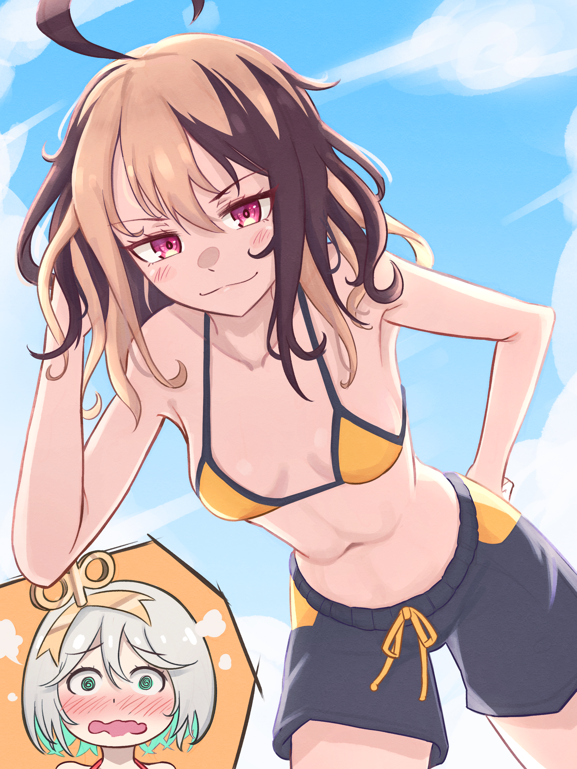 madabau, cecilia immergreen, gigi murin, hololive, hololive english, absurdres, highres, 2girls, ahoge, alternate hairstyle, bikini, bikini shorts, blue bikini, blue sky, blush, breasts, brown hair, colored inner hair, double-parted bangs, embarrassed, green eyes, green hair, grey hair, hair between eyes, hair ornament, hand on own head, hand on own hip, head steam, huge ahoge, inset, leaning forward, light blush, looking at viewer, multicolored bikini, multicolored hair, multiple girls, multiple pov, no tail, orange bikini, pink eyes, pov, short hair, shorts, sky, small breasts, swimsuit, two-tone bikini, two-tone hair, virtual youtuber, wavy mouth, winding key, yuri