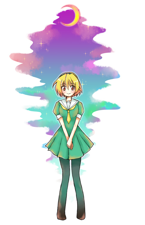 kamo (kamo29), houjou satoko, higurashi no naku koro ni, bad id, bad pixiv id, 00s, blonde hair, dress, moon, pantyhose, red eyes, sailor dress, solo
