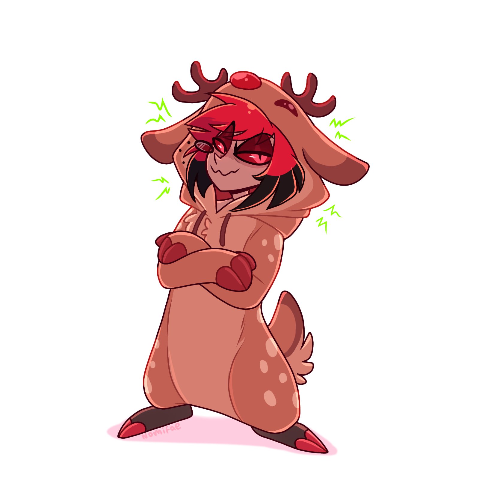 alastor (hazbin hotel), hazbin hotel, hellaverse, highres, 1boy, animal ears, antlers, black hair, colored sclera, crossed arms, dark-skinned male, dark skin, deer antlers, deer costume, deer ears, full body, horns, male focus, monocle, nomi (artist), red eyes, red hair, red sclera, simple background, slit pupils, smile, solo, standing, white background