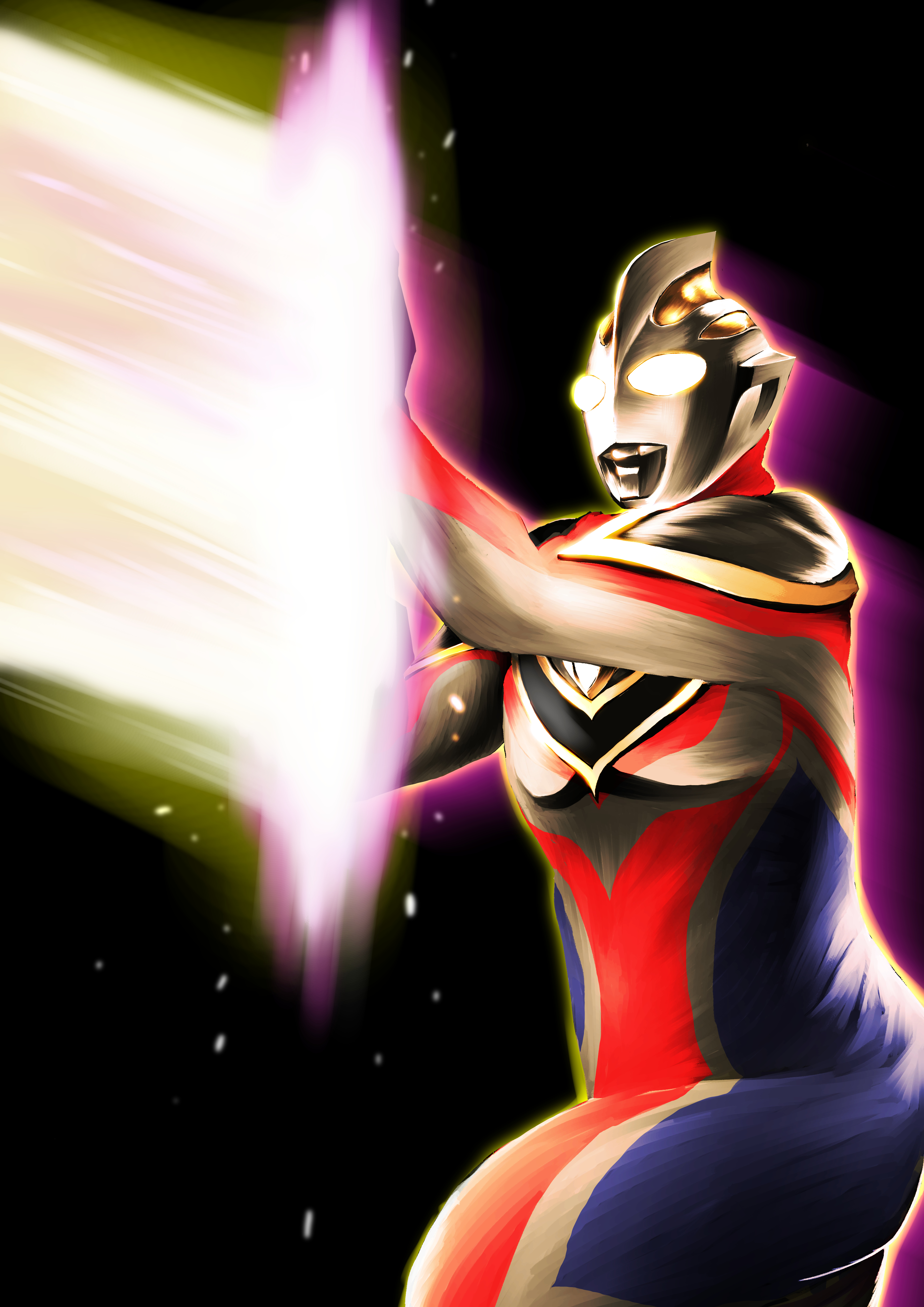 tihiro, ultraman gaia, ultraman gaia (supreme version), tokusatsu, ultra series, ultraman gaia (series), absurdres, commentary, highres, 1boy, alien, armor, black background, blue skin, breastplate, color timer, colored skin, compound eyes, cowboy shot, dorsal fin, energy, giant, giant male, glowing, glowing eyes, gold trim, hands up, knee up, light particles, looking ahead, male focus, multicolored skin, muscular, muscular male, no pupils, on one knee, pectorals, red skin, shoulder armor, silver skin, simple background, solo, ultra beam, white eyes