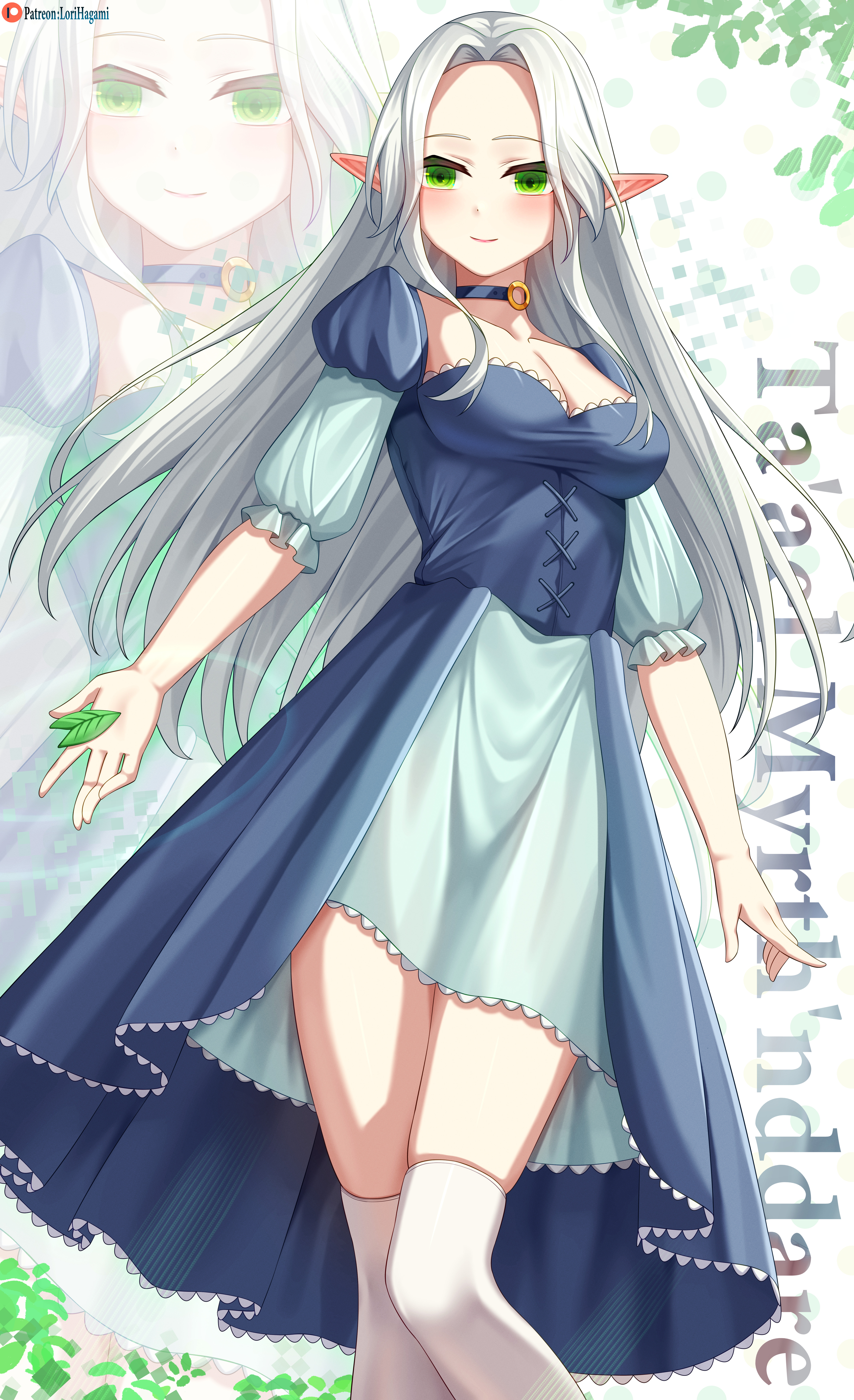lori hagami, taael myrthnddare, ways of darkness (series), absurdres, commission, commissioner upload, highres, official art, 1girl, artist name, blue choker, blue collar, blue dress, blush, breasts, character name, choker, cleavage, closed mouth, collar, collarbone, dress, elf, feet out of frame, forehead, green eyes, holding, leaf, long hair, looking at viewer, medium breasts, parted bangs, pointy ears, puffy short sleeves, puffy sleeves, short sleeves, smile, solo, standing, thighhighs, very long hair, white hair, white thighhighs, zoom layer
