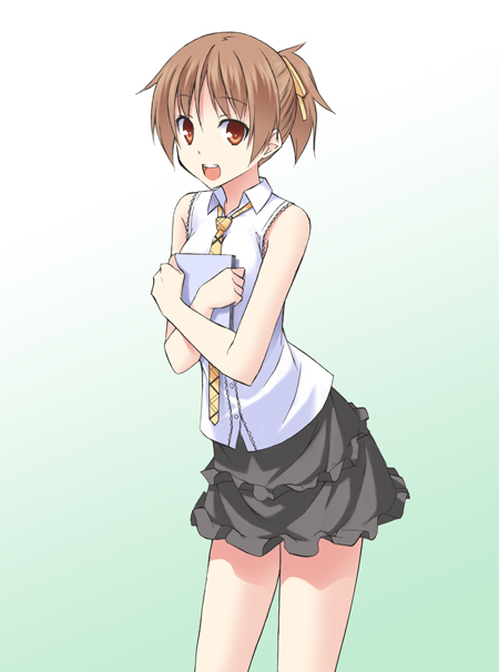 mikaze takashi, hirasawa ui, k-on!, 00s, 1girl, alternate costume, bare shoulders, book, brown eyes, brown hair, casual, dress, female focus, gradient background, holding, holding book, hugging book, hugging object, necktie, open mouth, ponytail, round teeth, short hair, sleeveless, sleeveless dress, smile, solo, teeth