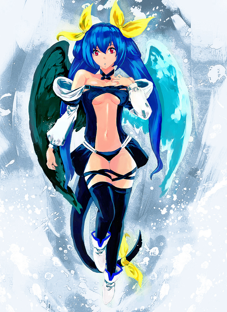 jyairo, dizzy (guilty gear), arc system works, guilty gear, bad id, bad pixiv id, 1girl, asymmetrical wings, blue hair, female focus, midriff, red eyes, ribbon, solo, tail, tail ornament, tail ribbon, thighhighs, wings