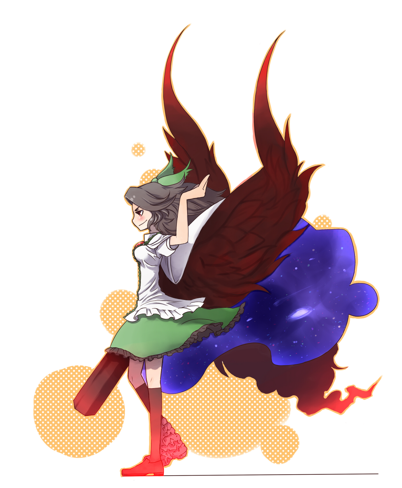daitai konna kanji, reiuji utsuho, touhou, highres, 1girl, asymmetrical clothes, asymmetrical footwear, bow, brown hair, cape, female focus, long hair, mismatched footwear, red eyes, solo, wings